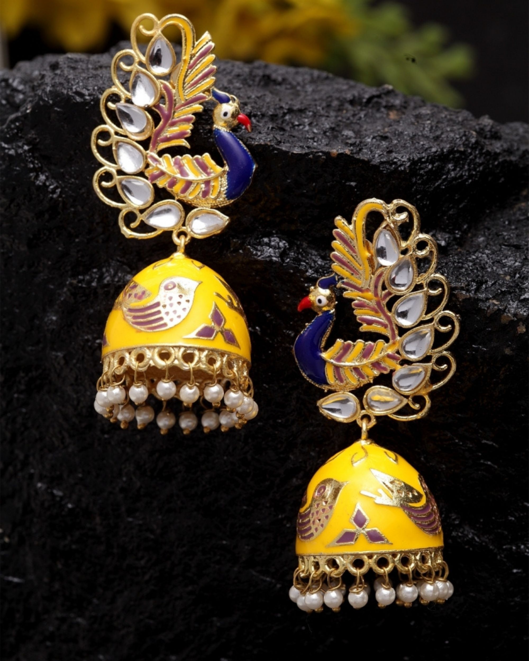 Yellow Peacock Motif Jhumka By Dugri Style The Secret Label