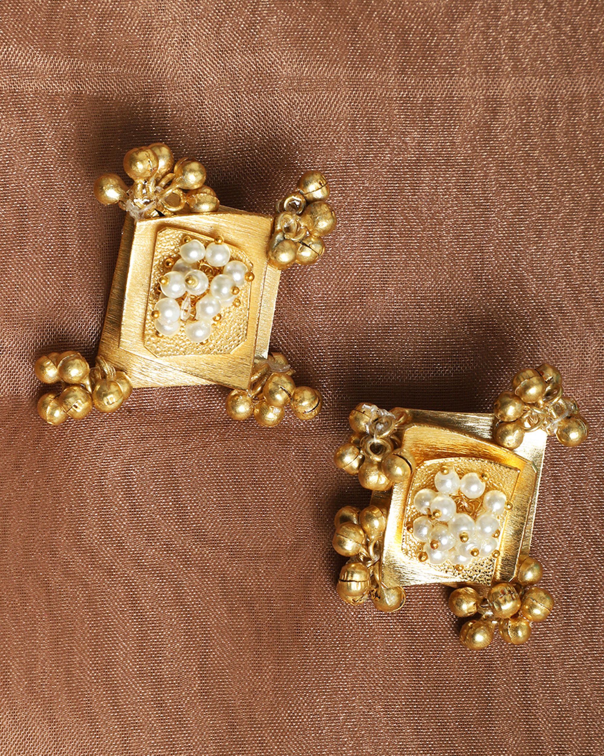 Ghungroo Detailed Pearl Beaded Square Earrings By Namasya The Secret