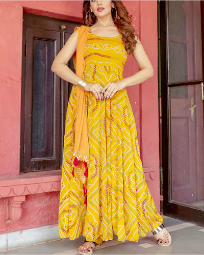 Mustard Yellow Anarkali With Dupatta By Floral Tales The Secret Label