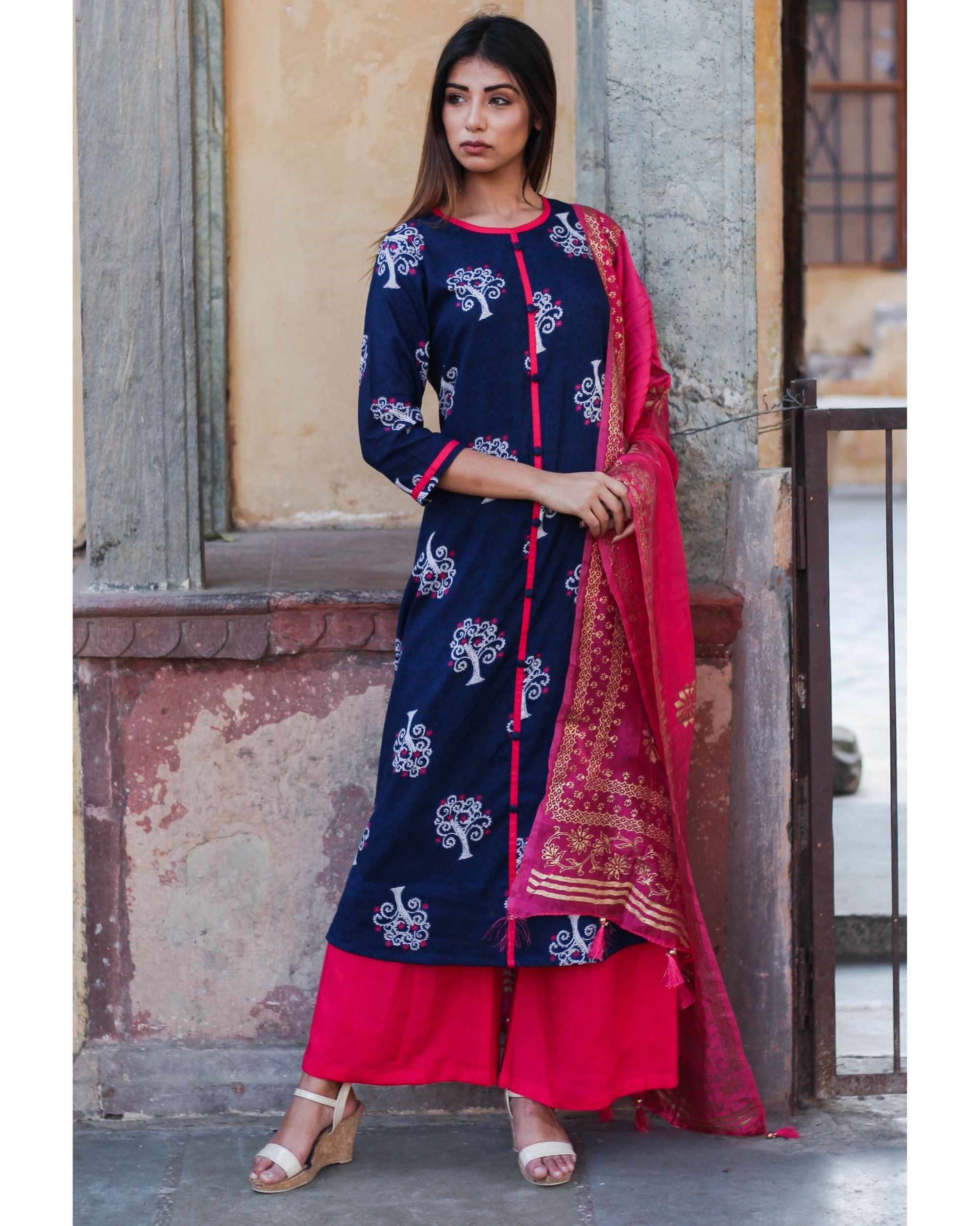 Navy Blue Printed Kurta With Palazzo Set Of Two By Amari Jaipur The