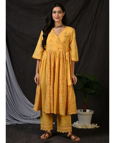 Yellow Block Printed Gathered Anarkali Kurta By Jalpa Shah The Secret