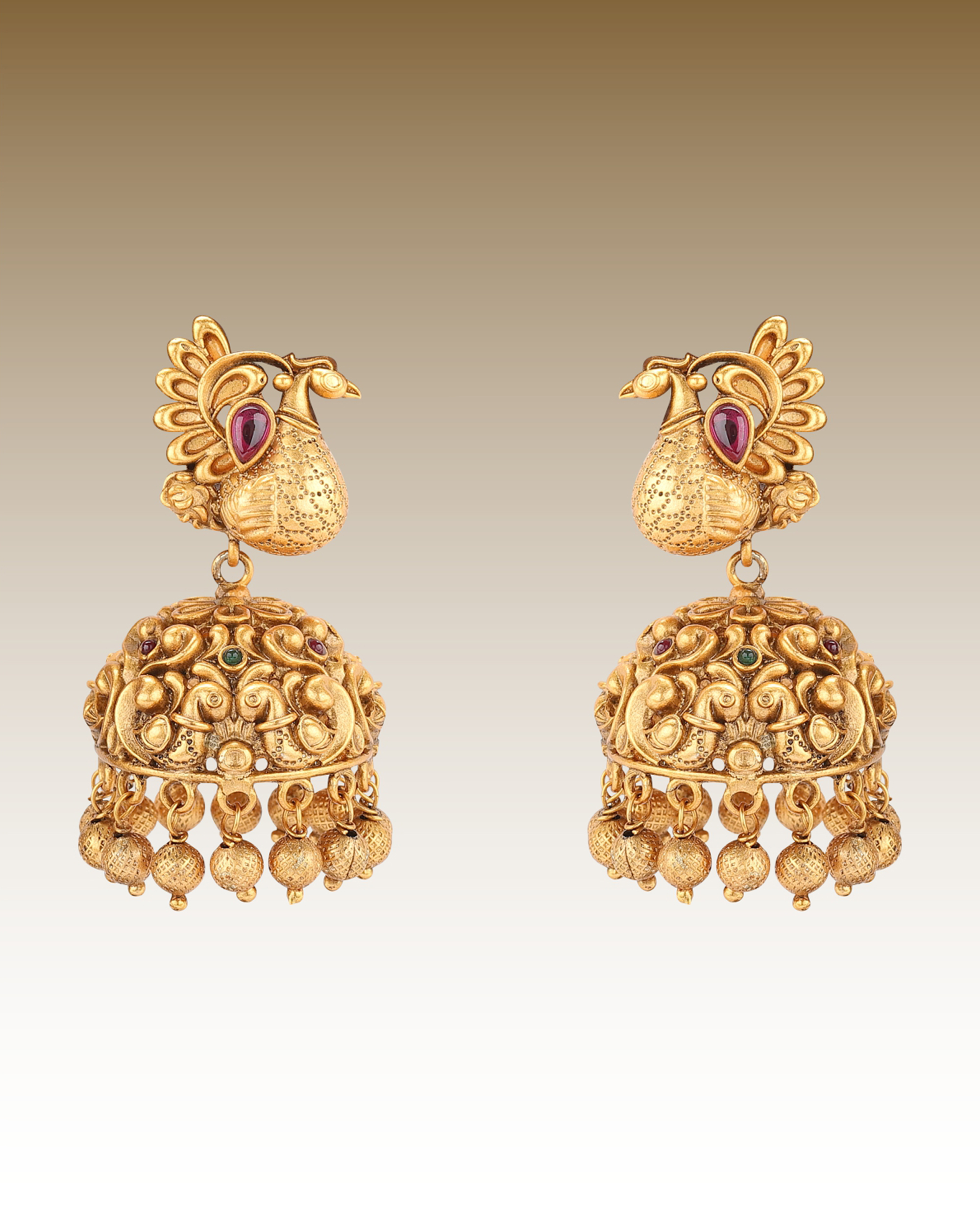 Golden Dancing Peacock Earring With Rubies By Joules By Radhika The