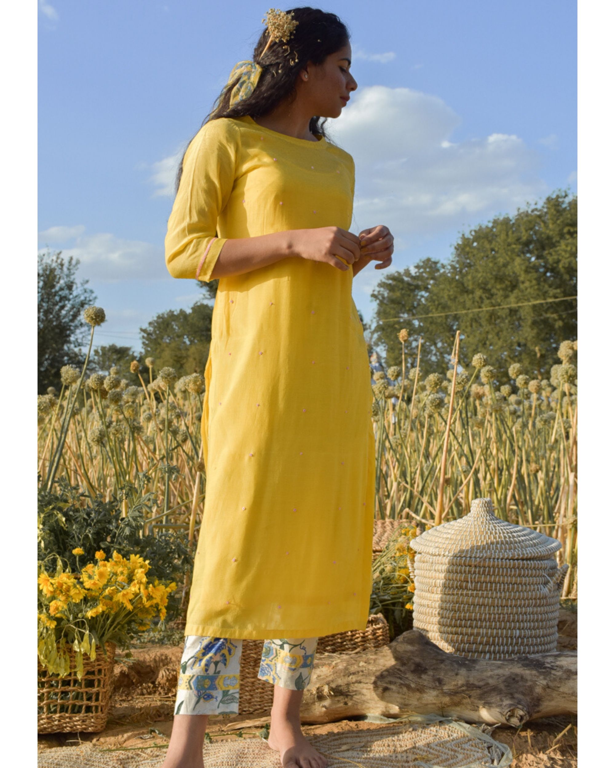 Yellow Embroidered Kurta And Printed Pants With Slip Set Of Three By