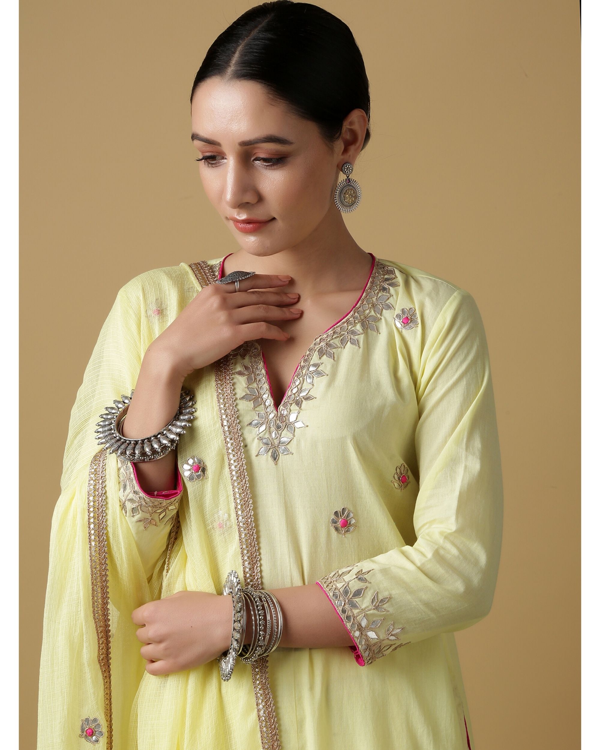 Yellow Hand Embroidered Kurta And Pants With Dupatta Set Of Three By