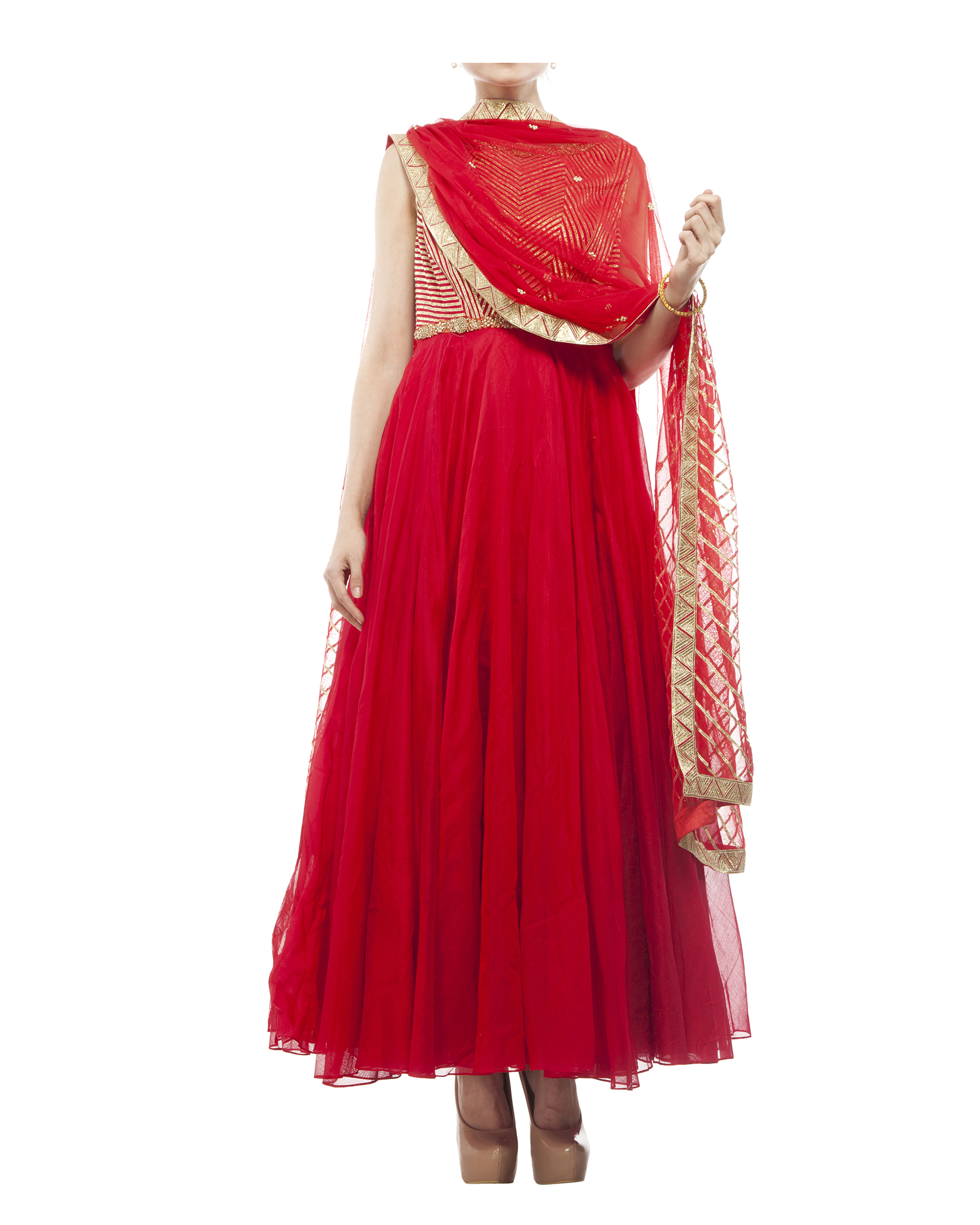 Red Chanderi Anarkali Set By Amrita Thakur The Secret Label