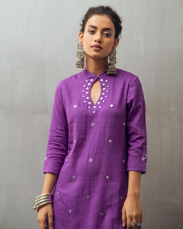 Purple Mirror Embroidered Collared Kurta By Gulaal The Secret Label