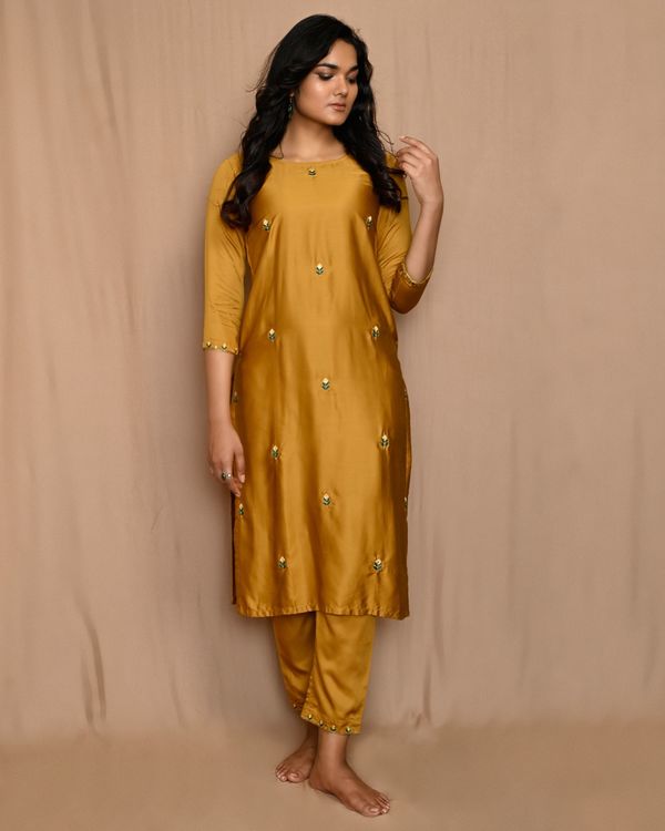 Mustard Yellow Embroidered Kurta With Straight Pants And Dupatta Set