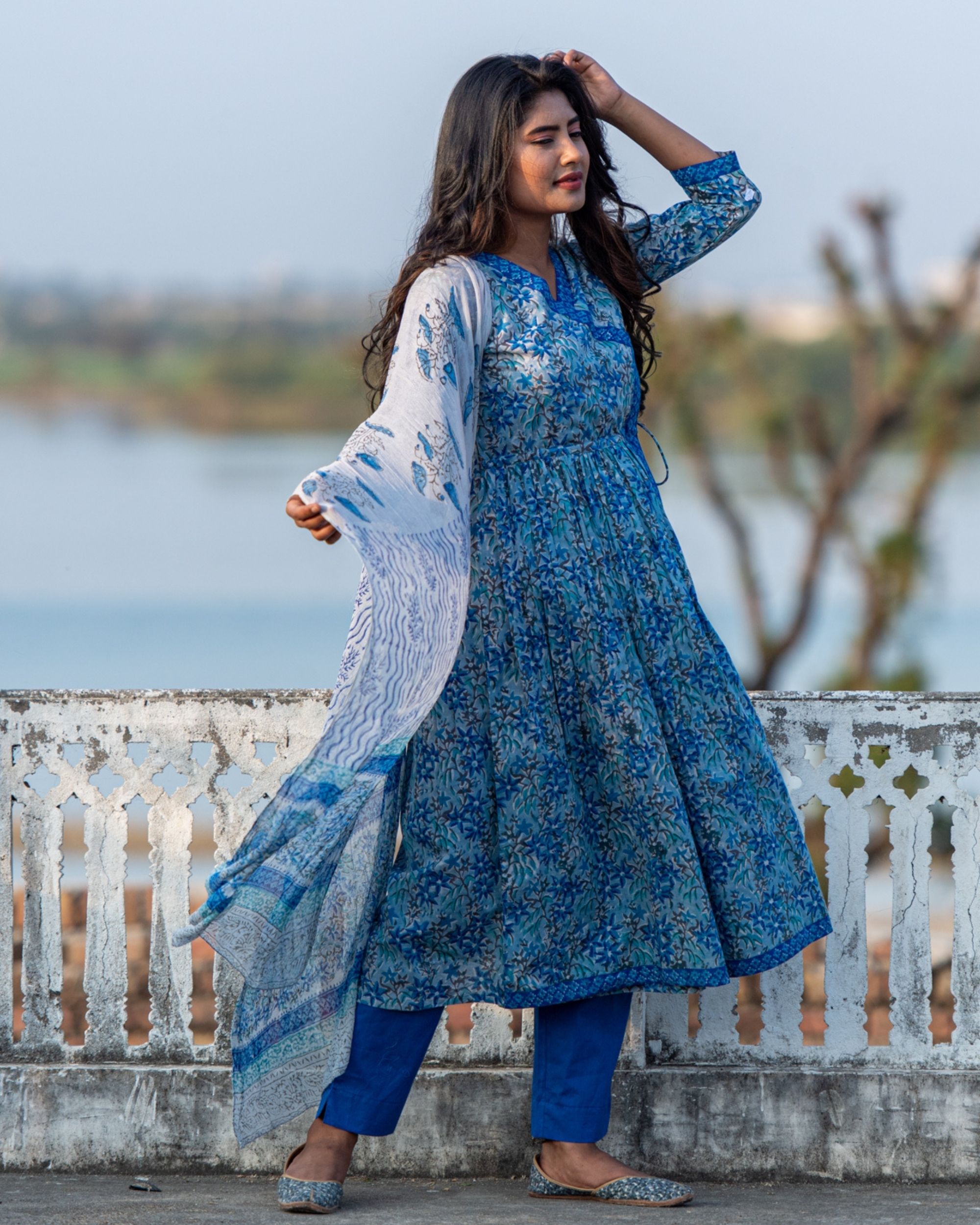 Classic Blue Angrakha Kurta With Dupatta Set Of Two By Chappai The