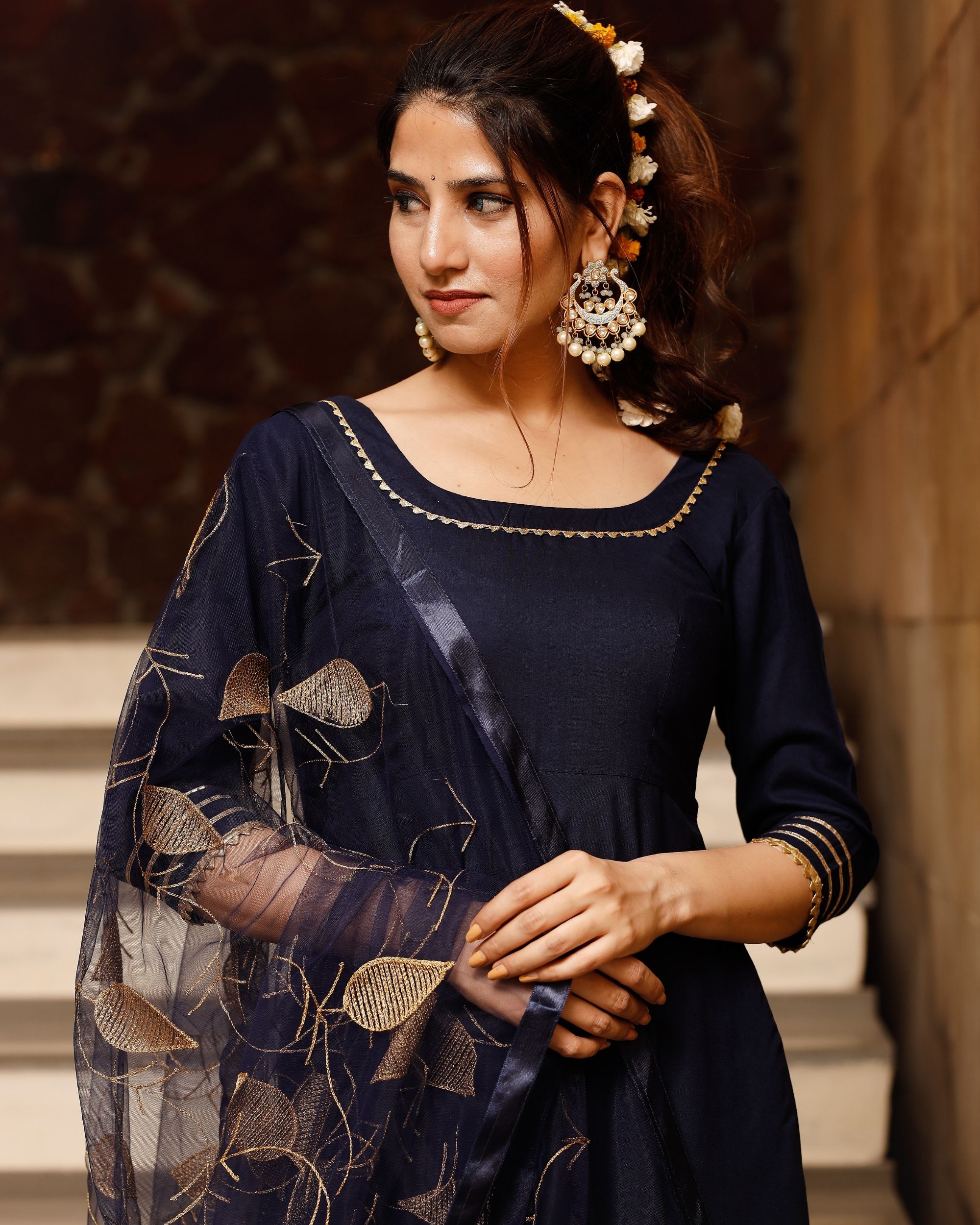 Midnight Blue Gota Kurta And Pants With Embroidered Dupatta Set Of