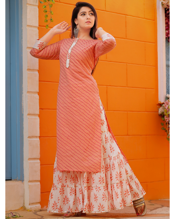 Peach Hand Block Printed Kurta With Sharara Set Set Of Two By Geeta