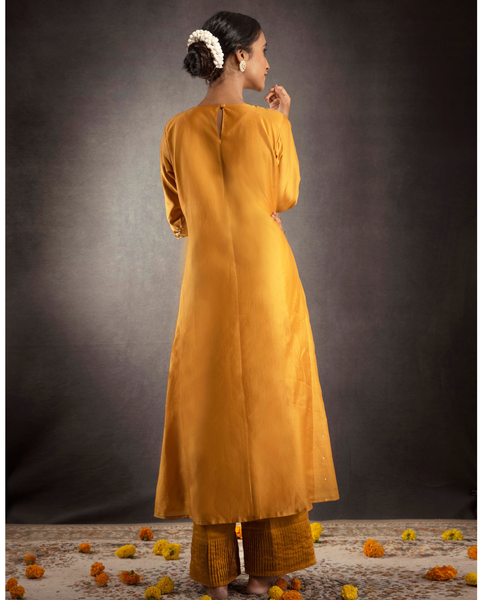 Mustard Yellow Chanderi Box Pleated Kurta With Palazzo Set Of Two By