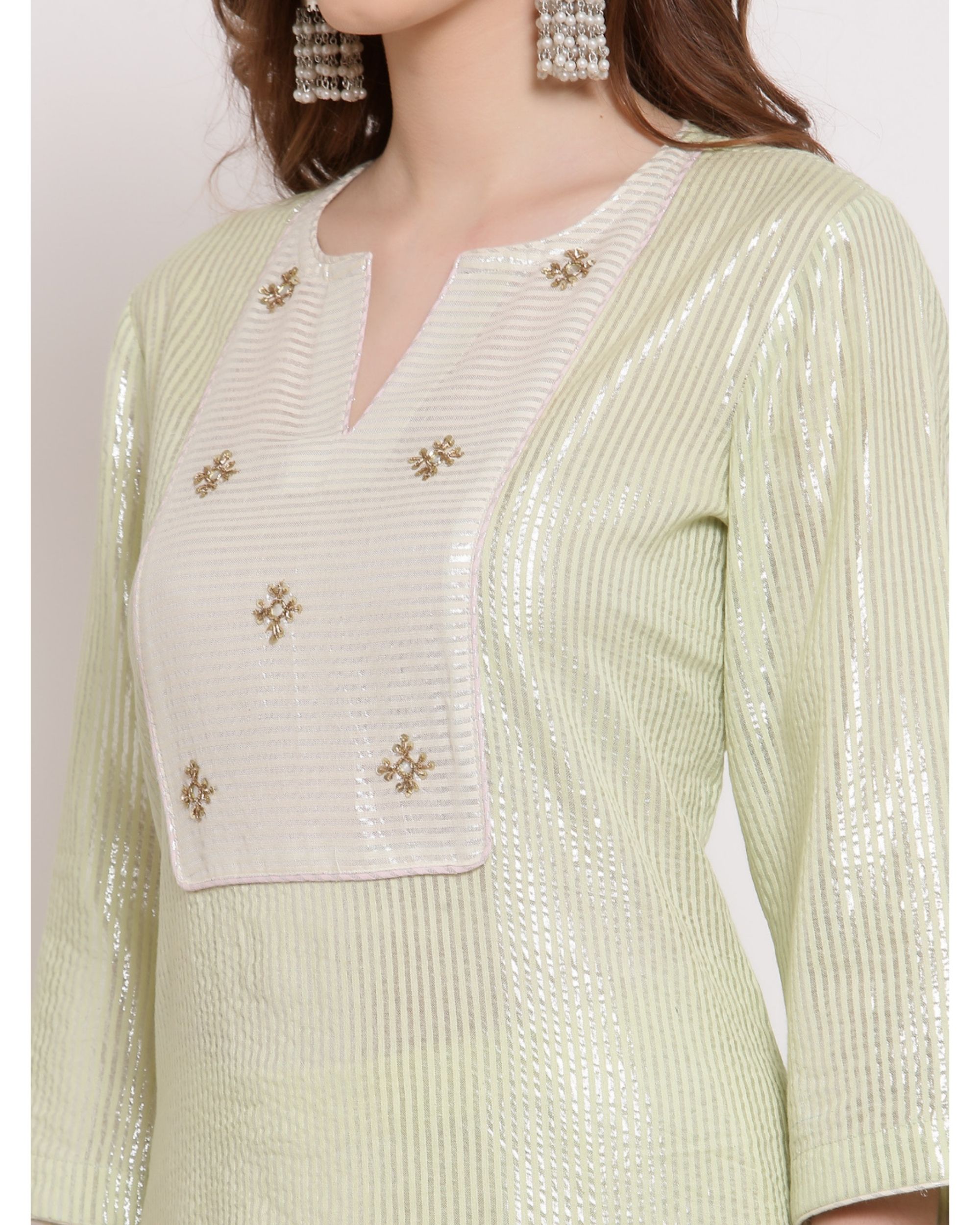 Green And White Striped Embroidered Kurta With Pant Set Of Two By D