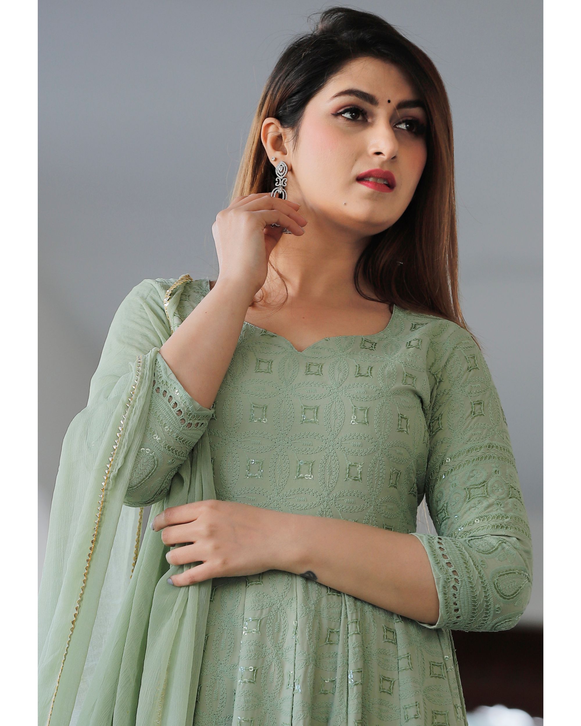 Green Chikankari Anarkali Kurta With Dupatta Set Of Two By Geeta