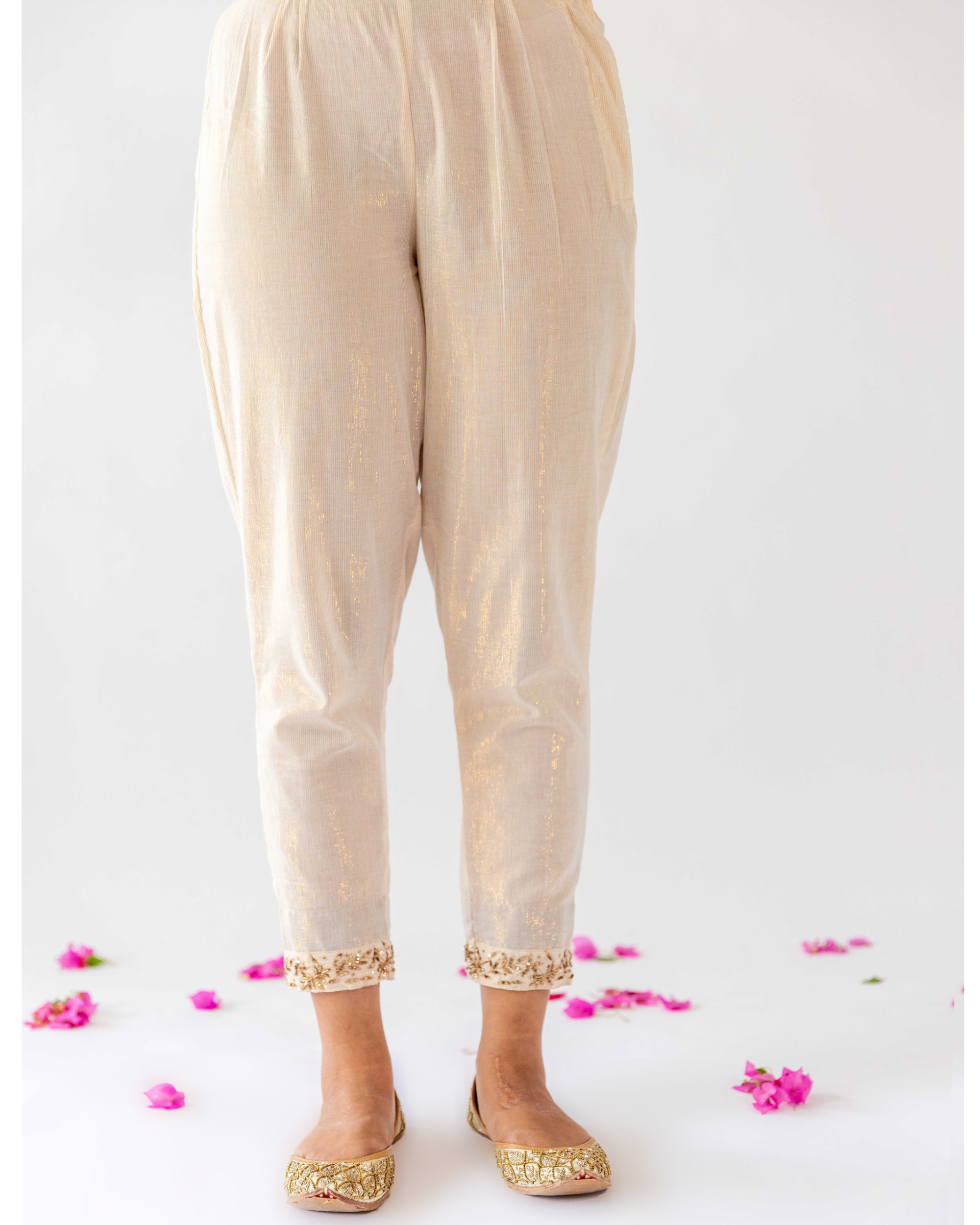 Ivory Embroidered Lurex Cotton Straight Pants By Keva The Secret Label