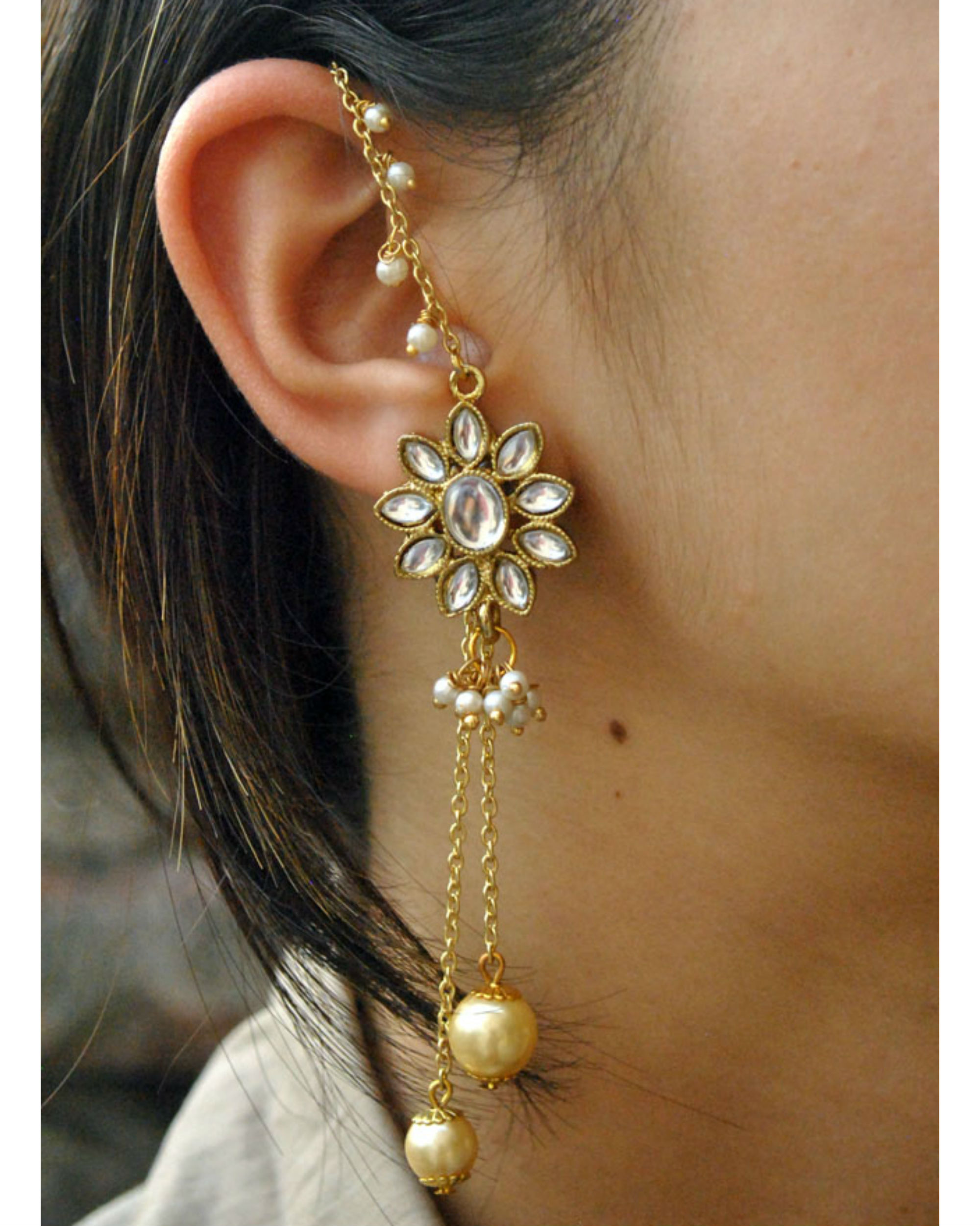 Kundan pearl chain earrings