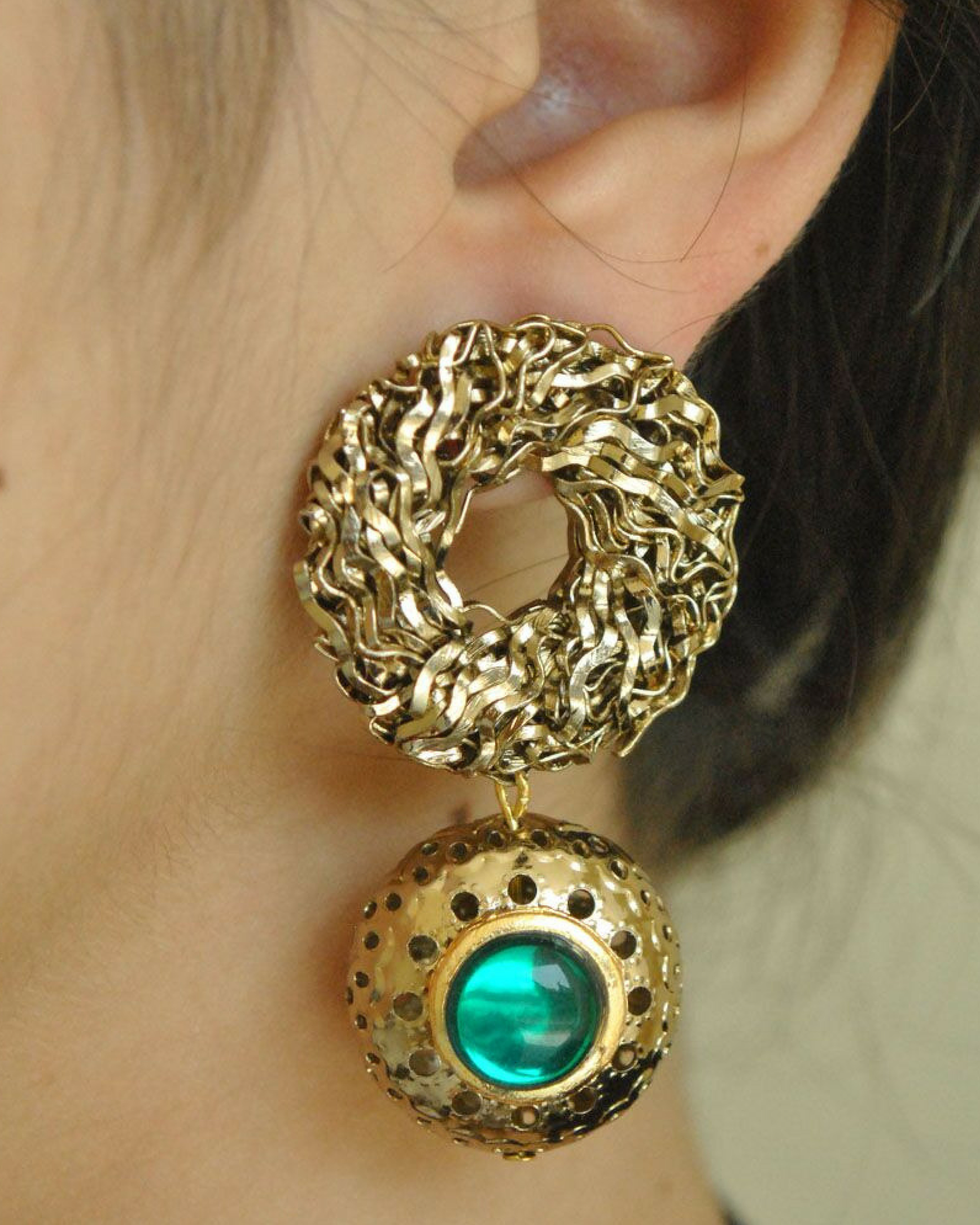 Green and golden filigree earrings