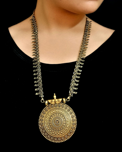 Golden oxidised store long necklace