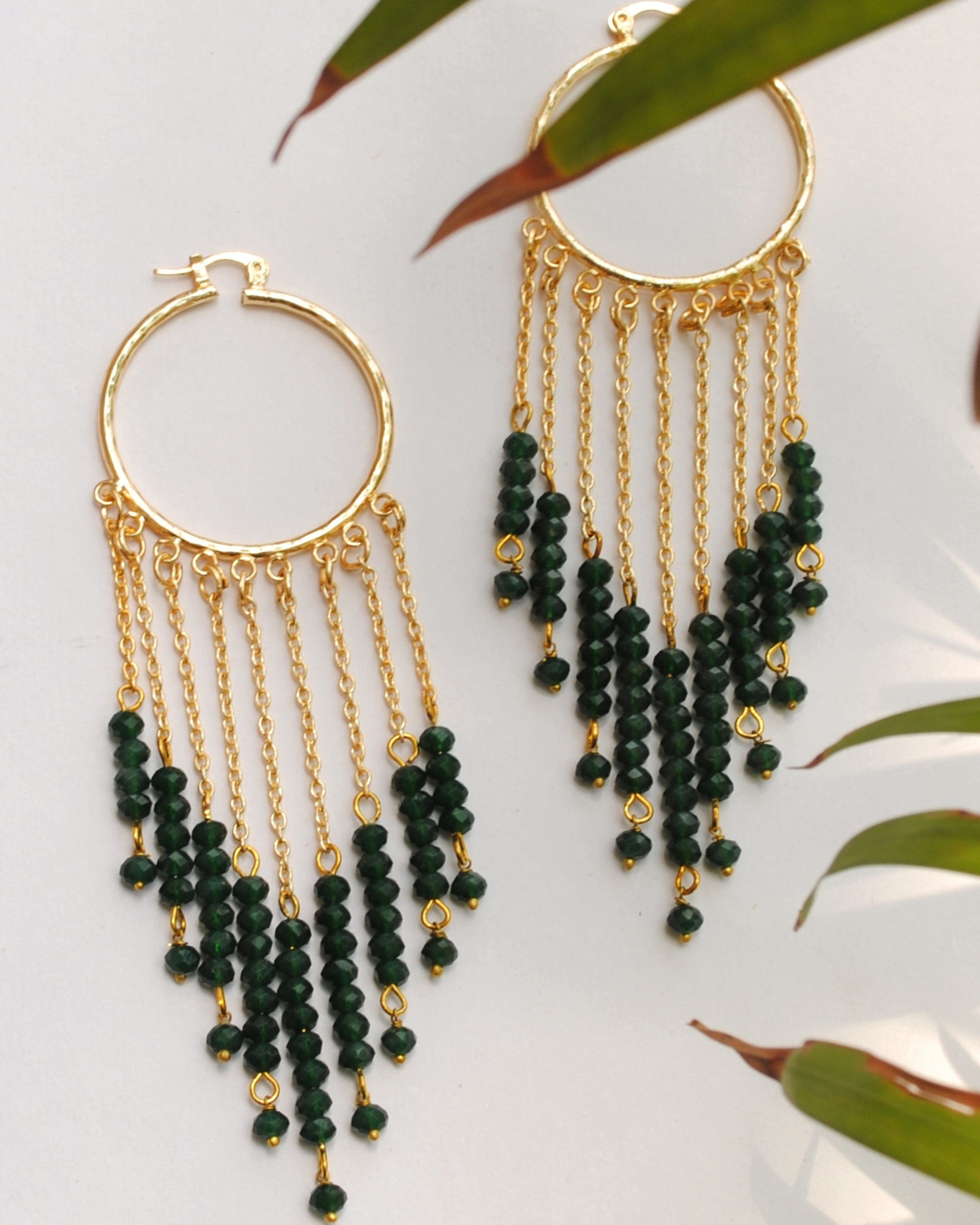 Green layered chain earrings