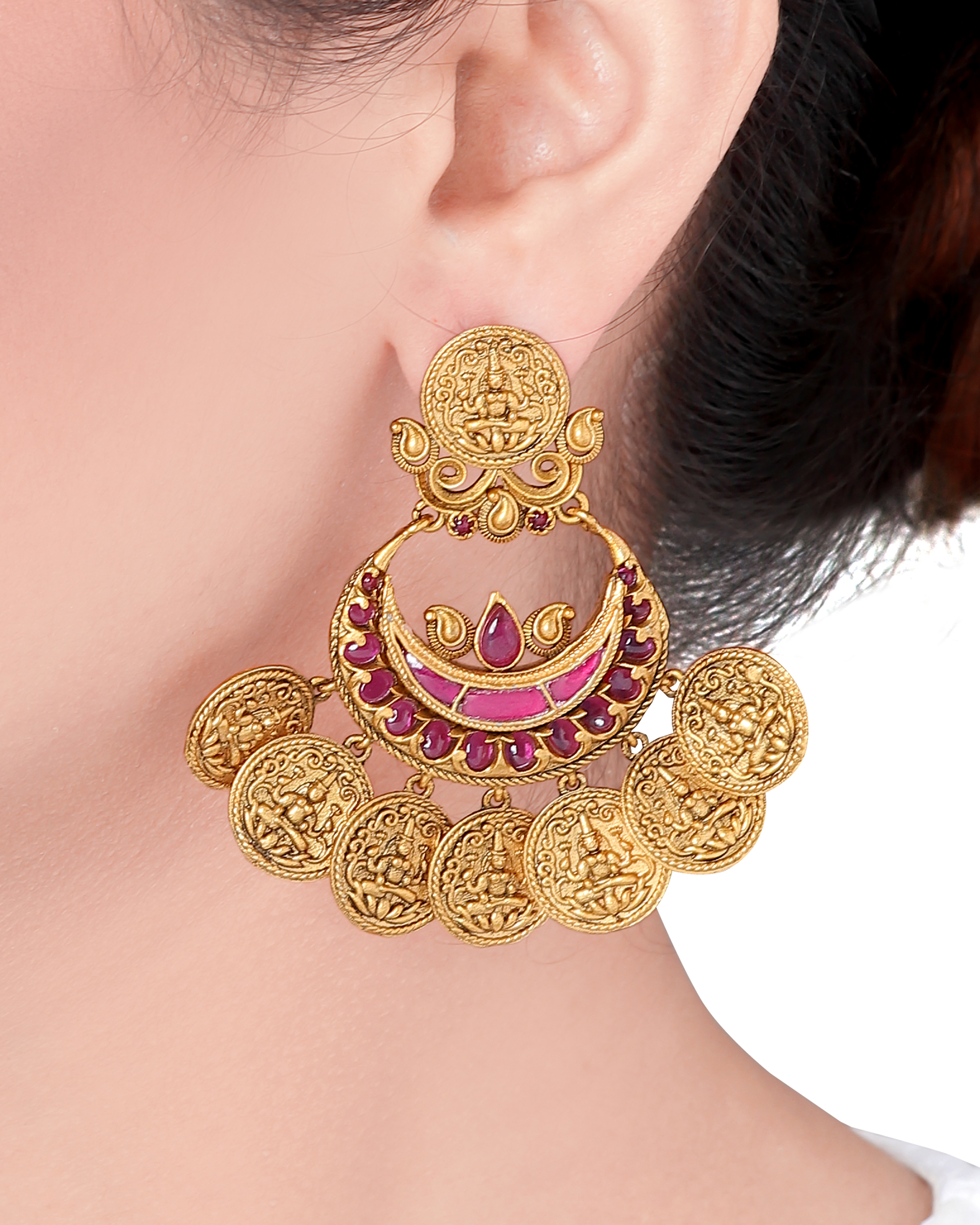 Golden fan shaped ruby earring by Joules By Radhika The Secret Label