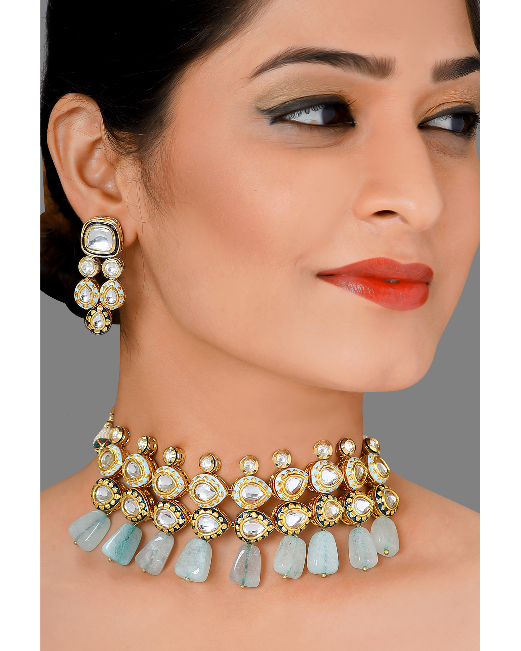 Grey quartz beaded statement neckpiece and earring set set of two by