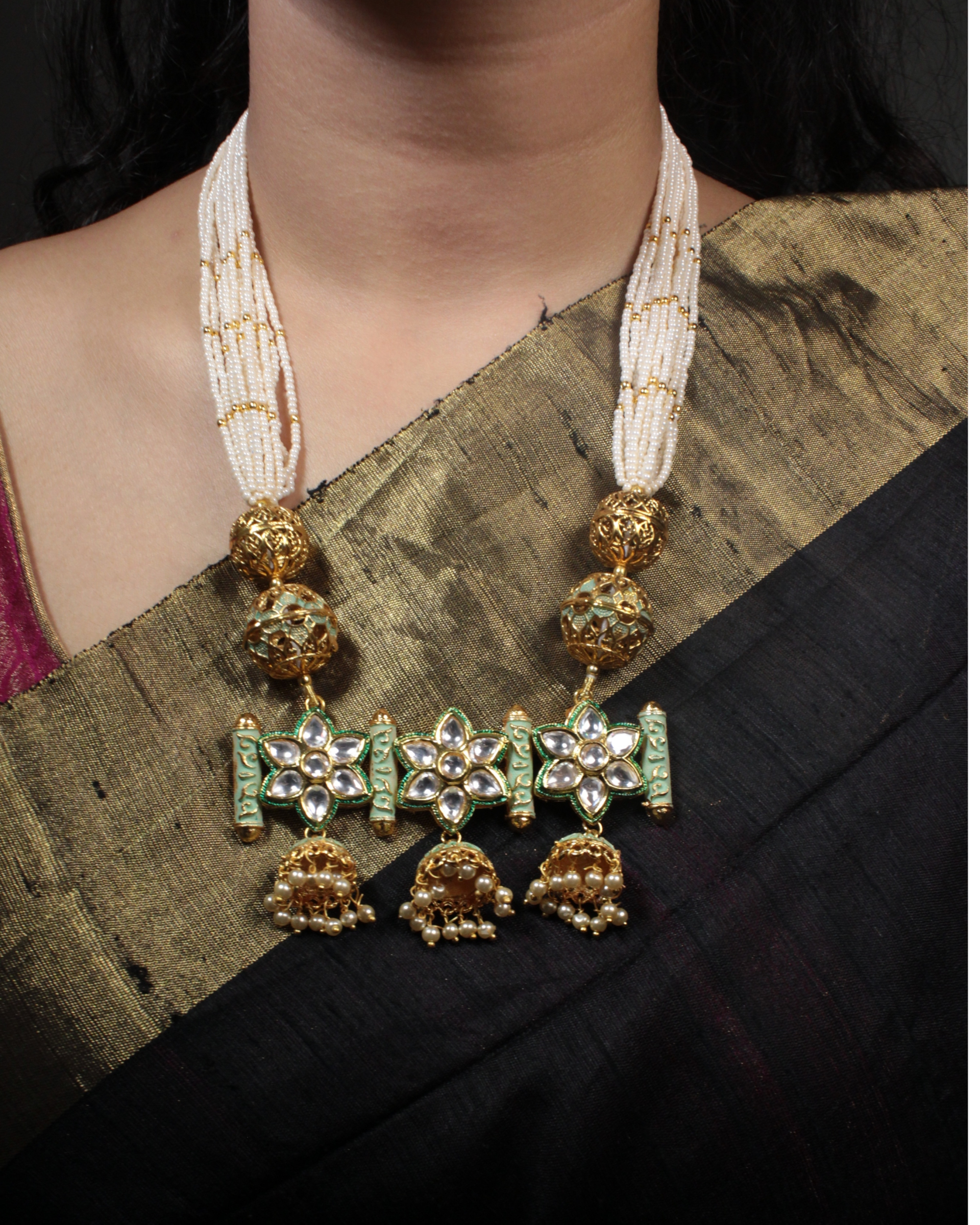 Mint meenakari and kundan jhumki necklace and earring set - set of two