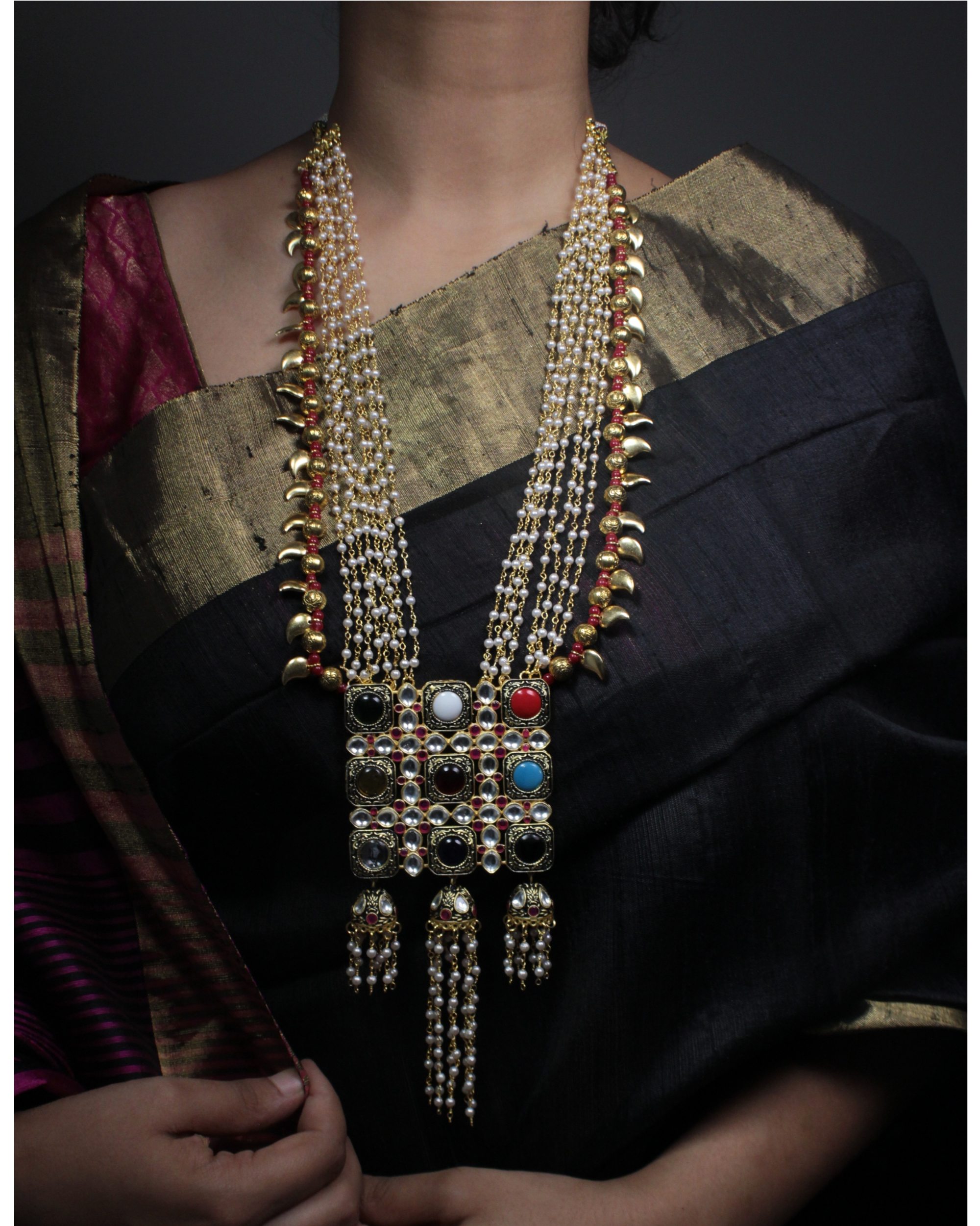 Navratan and pearl beads necklace with kundan and earring set - set of two