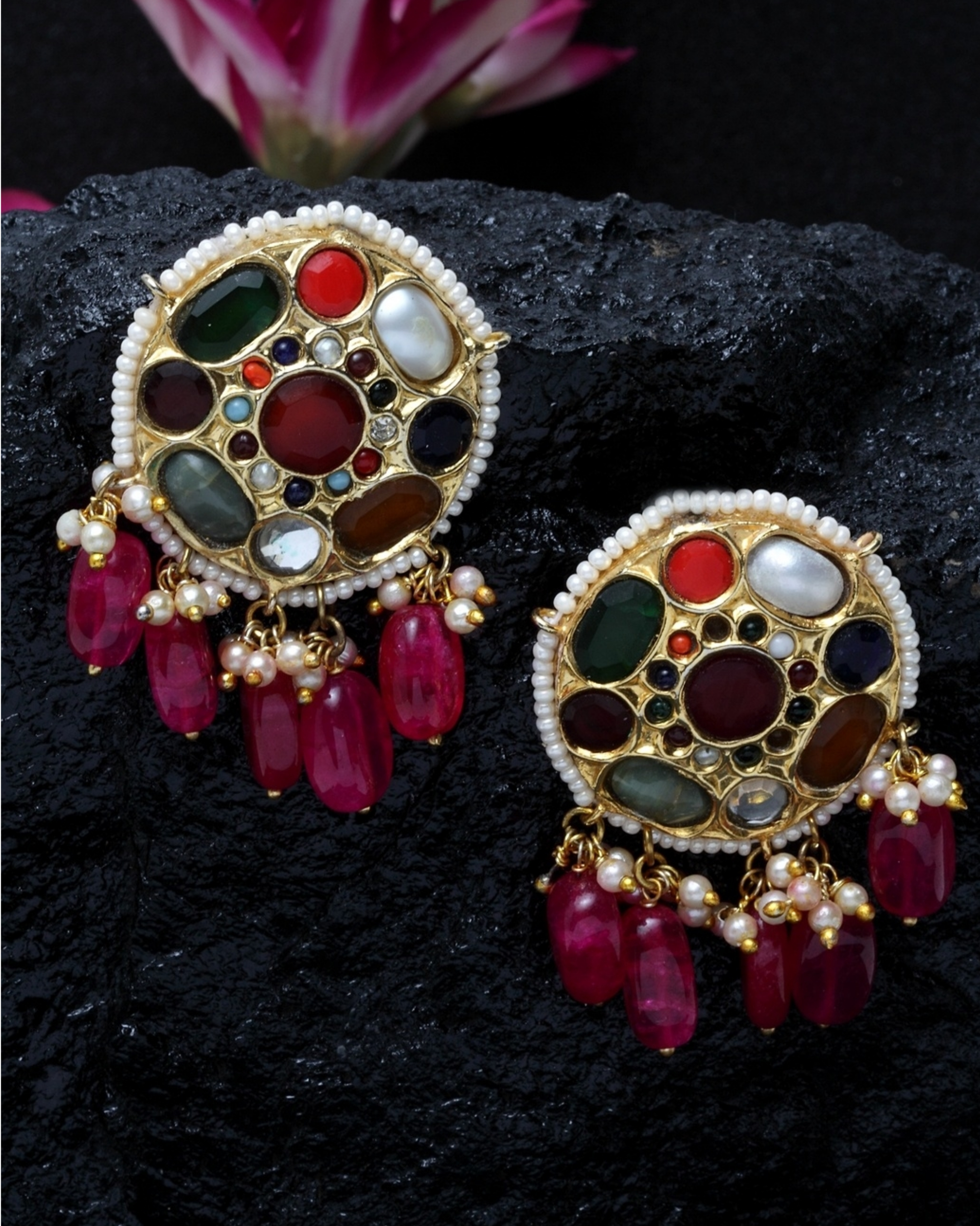Navratan and rubiya stones earrings