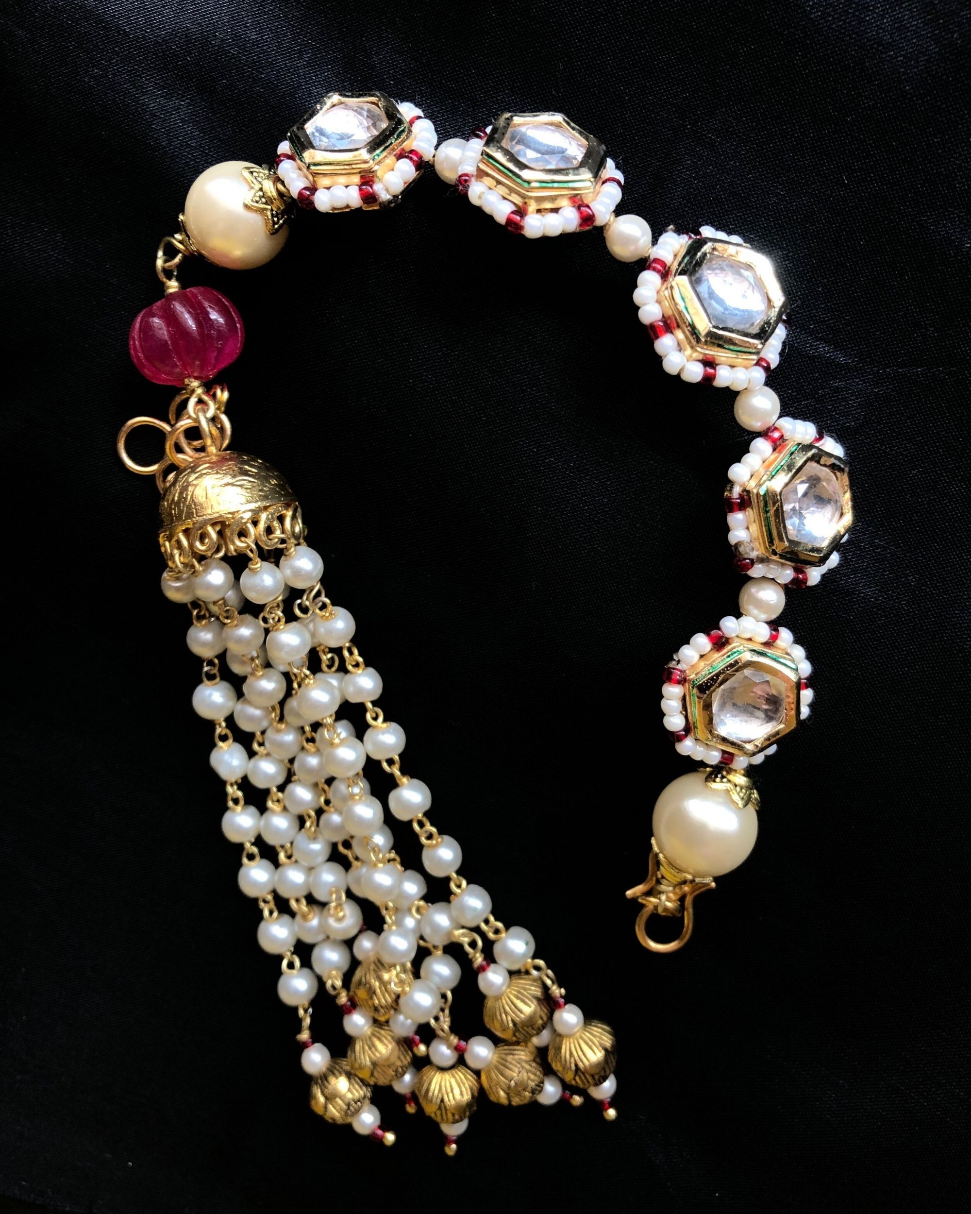 Abstract polki and pearls bracelet