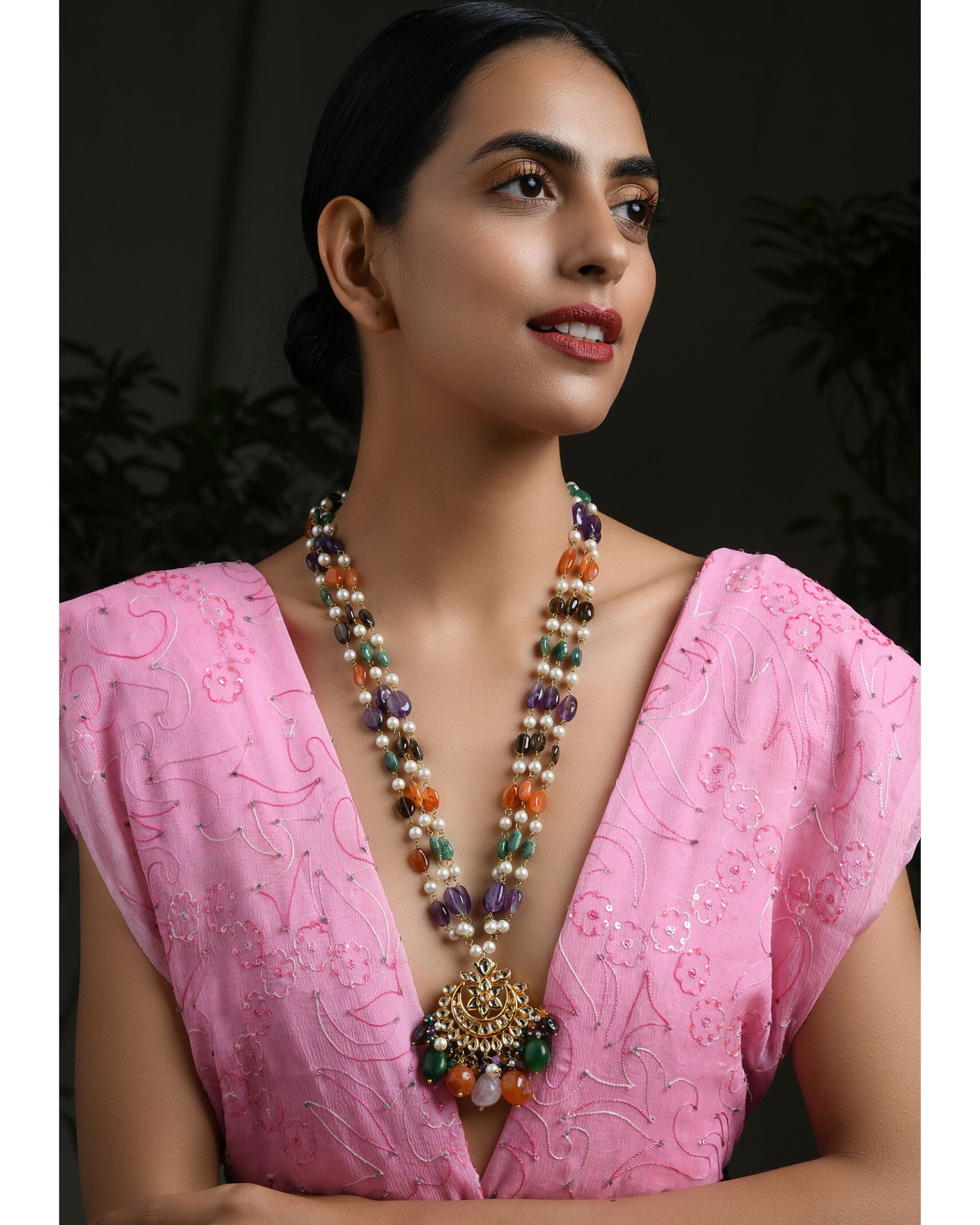 Multicolored stones and pearl strings neckpiece with chandbali pendant