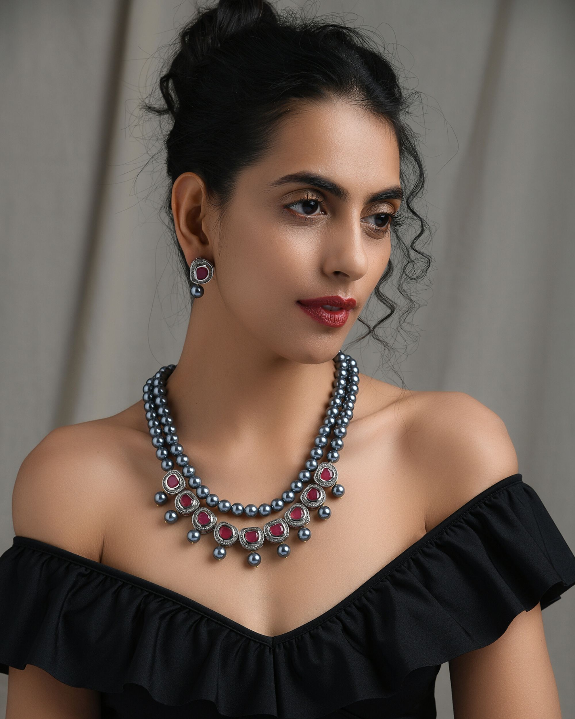Grey shell pearls and red polki two tiered neckpiece with earrings - set of two