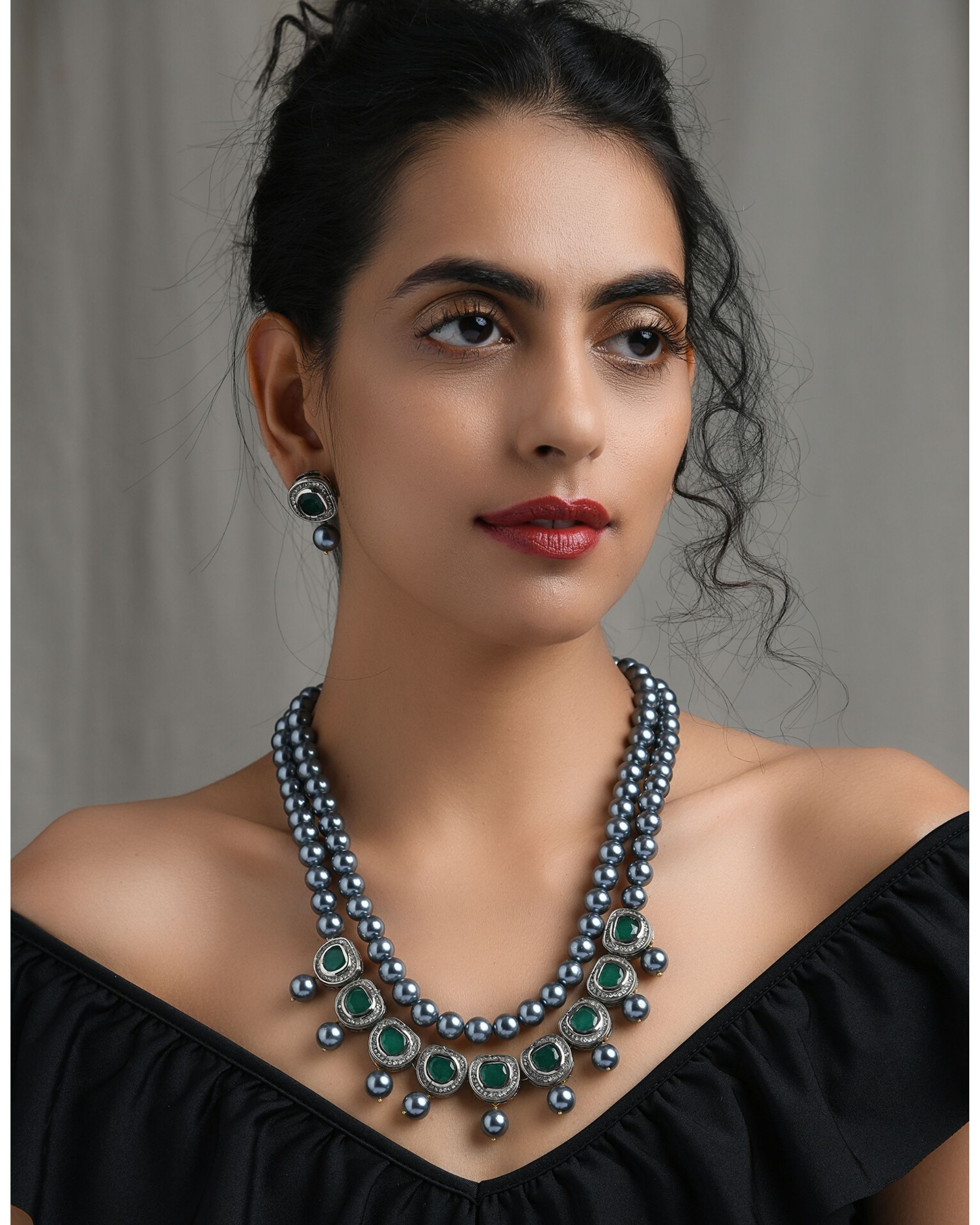 Grey shell pearls and green polki two tiered neckpiece with earrings - set of two