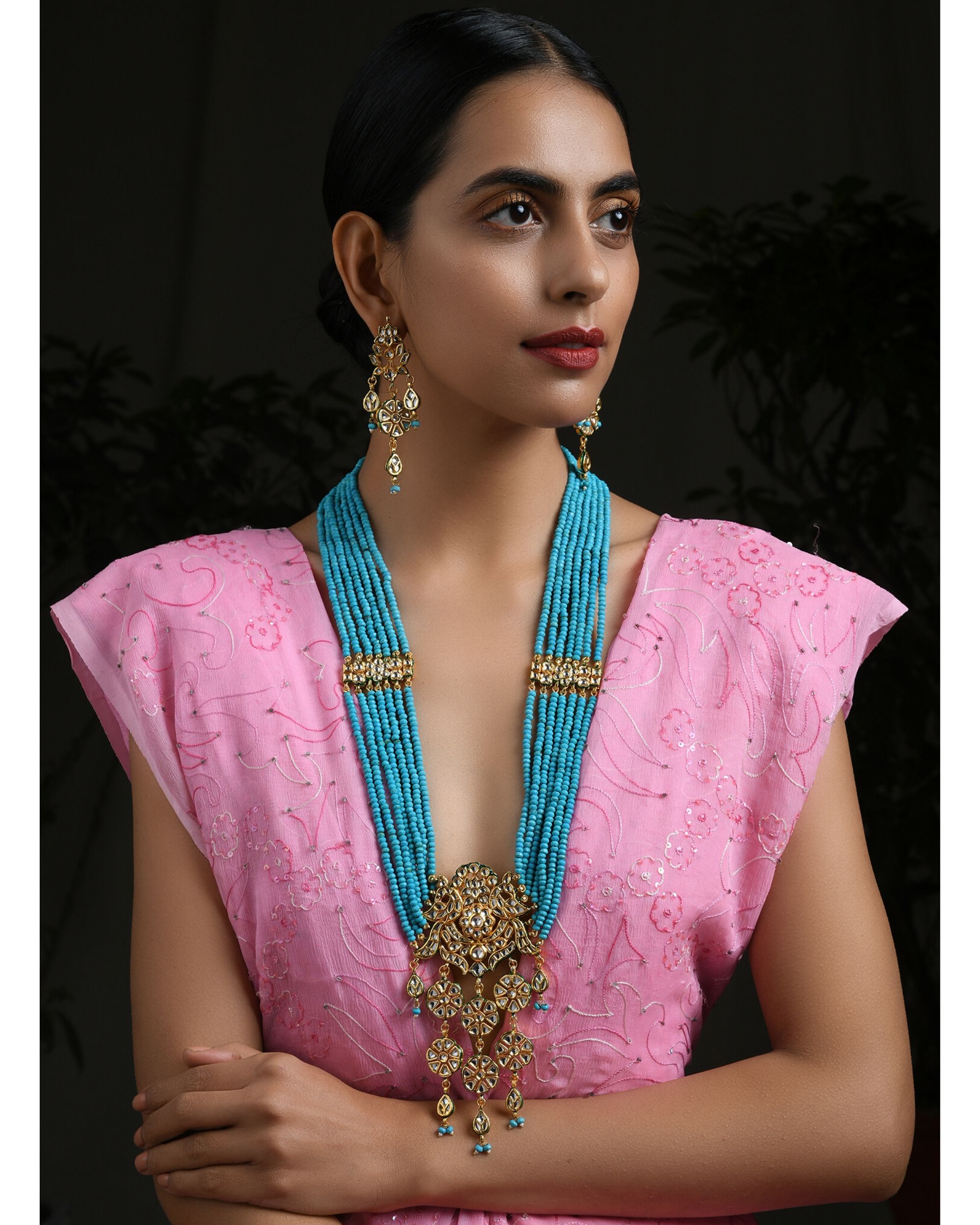Jasmine turquoise beaded neckpiece with earrings - set of two