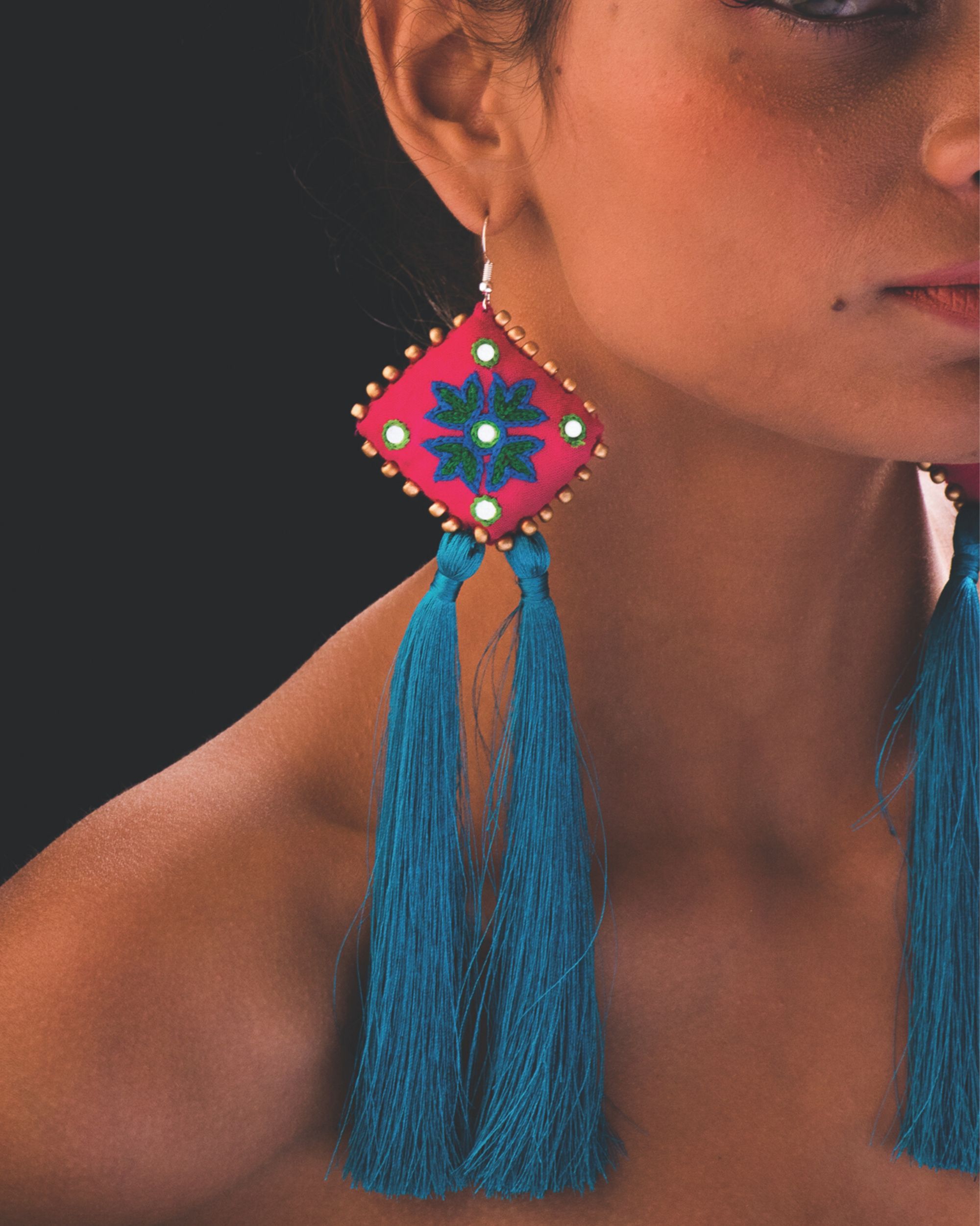 Turquoise and pink aari work tassel earrings