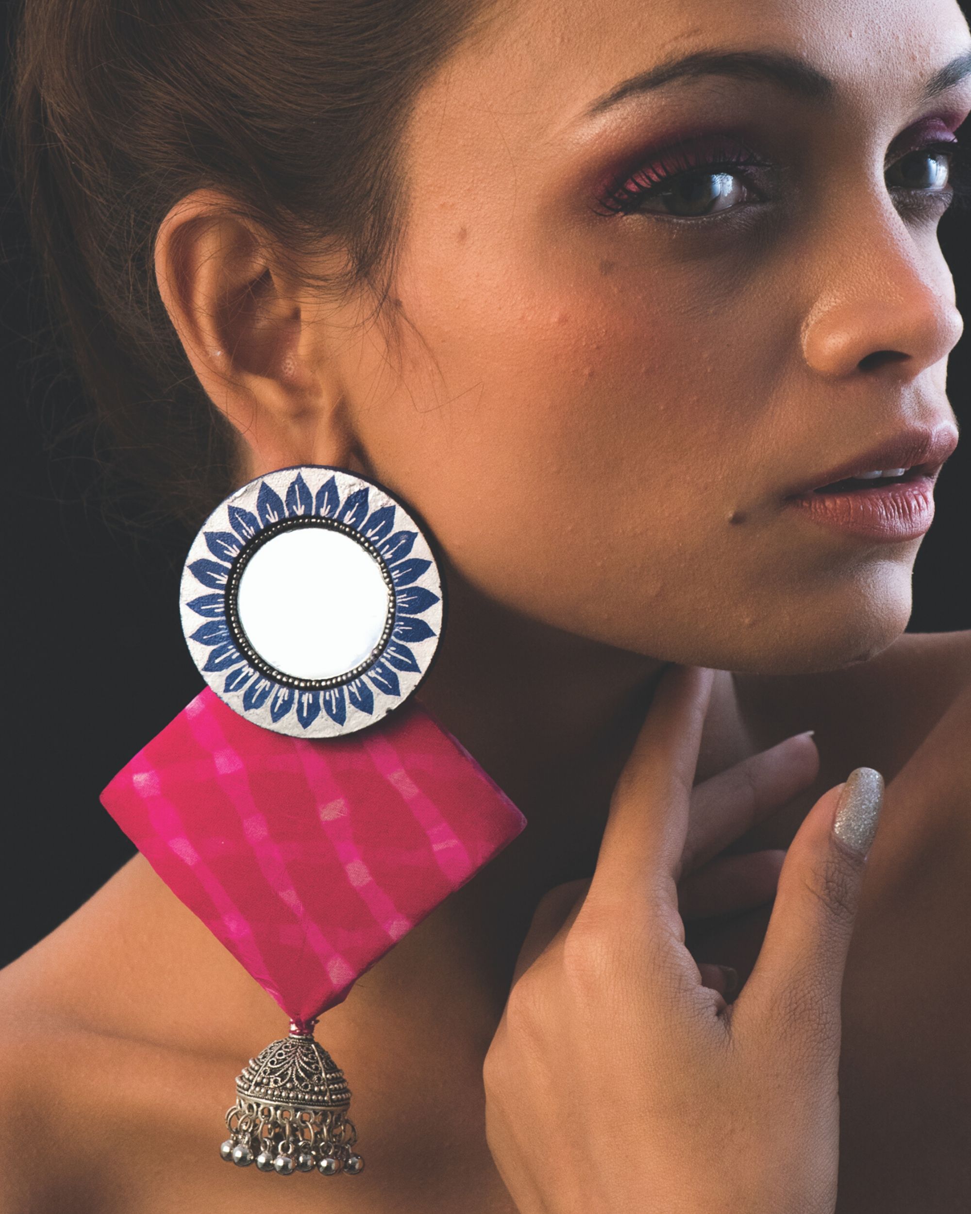 Pink geometric mirror work earrings by Nakhrewaali | The Secret Label