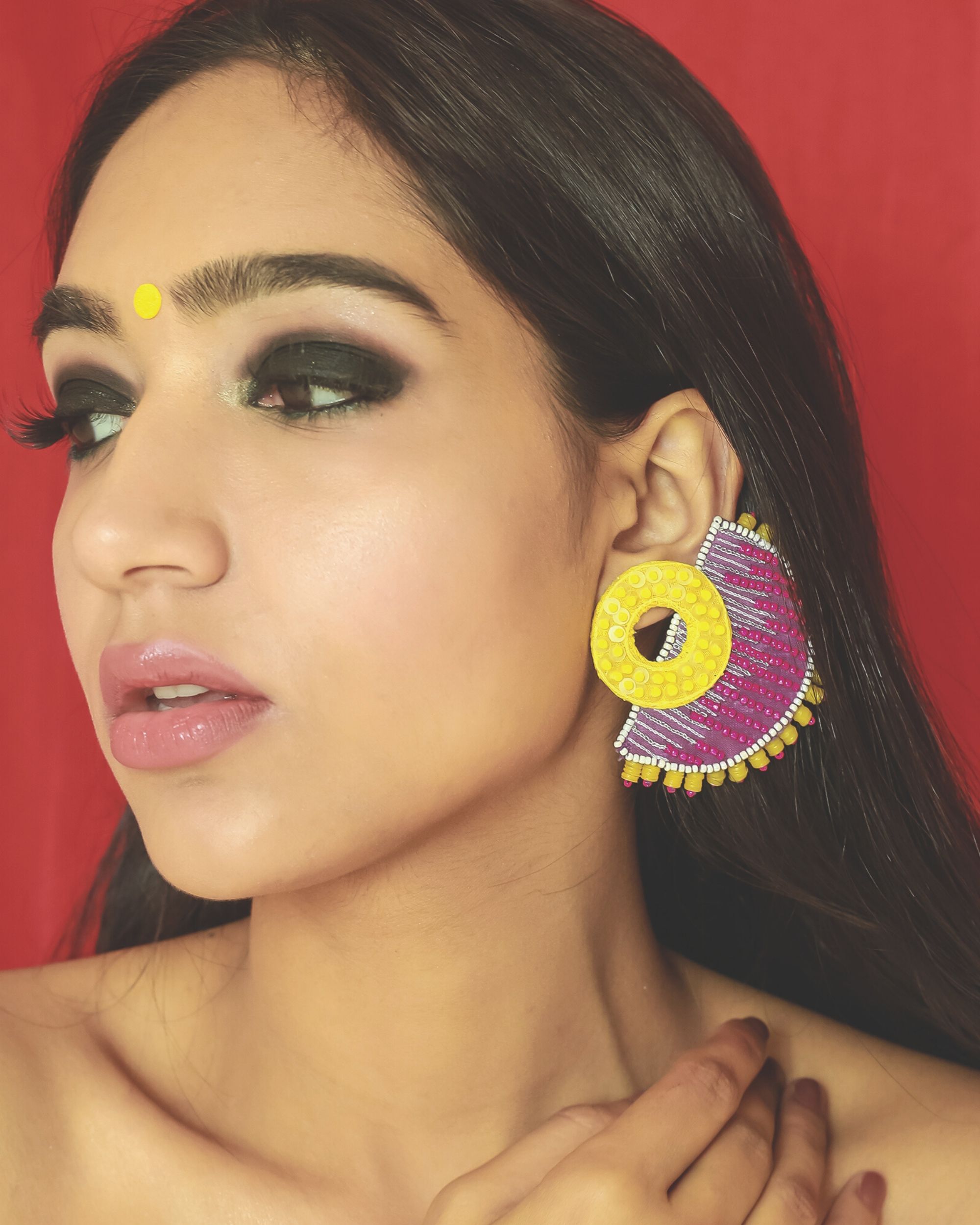 Yellow and purple zari embellished beaded earrings