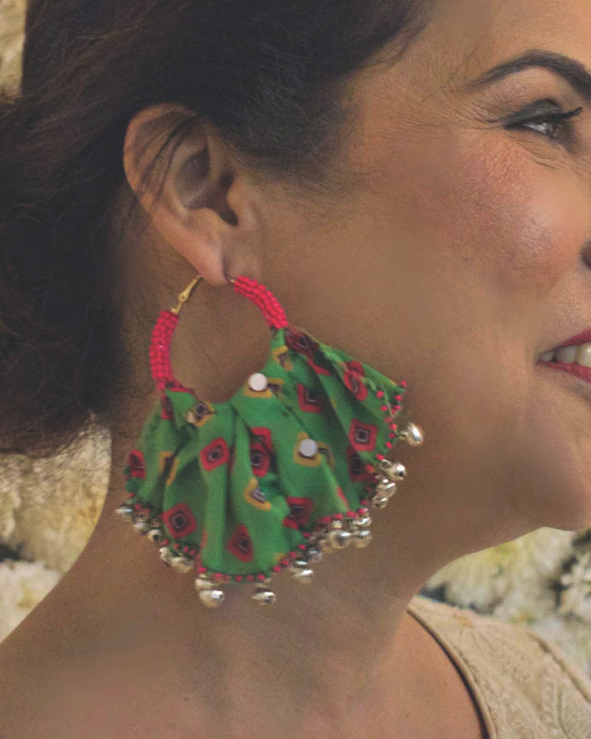 Green and pink beaded ghaghara earrings