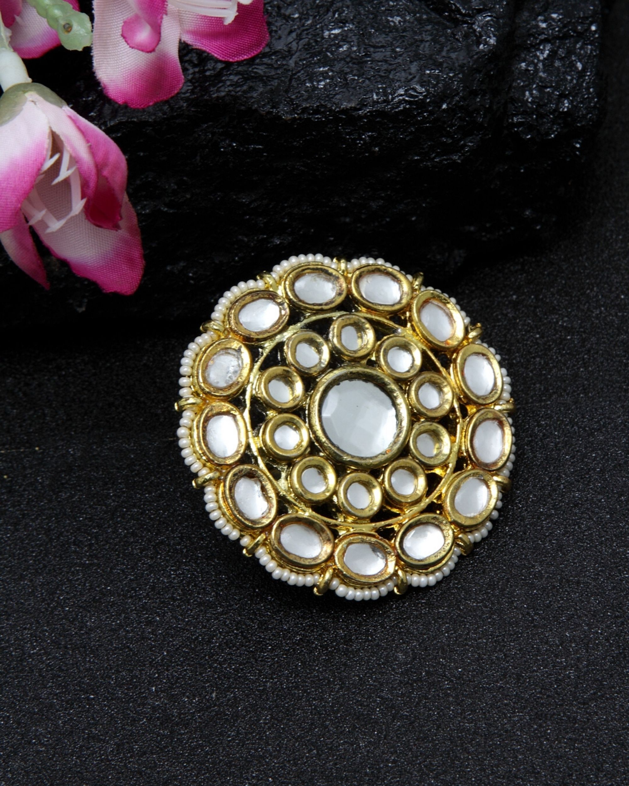 Kundan and pearls ring by Dugri Style | The Secret Label