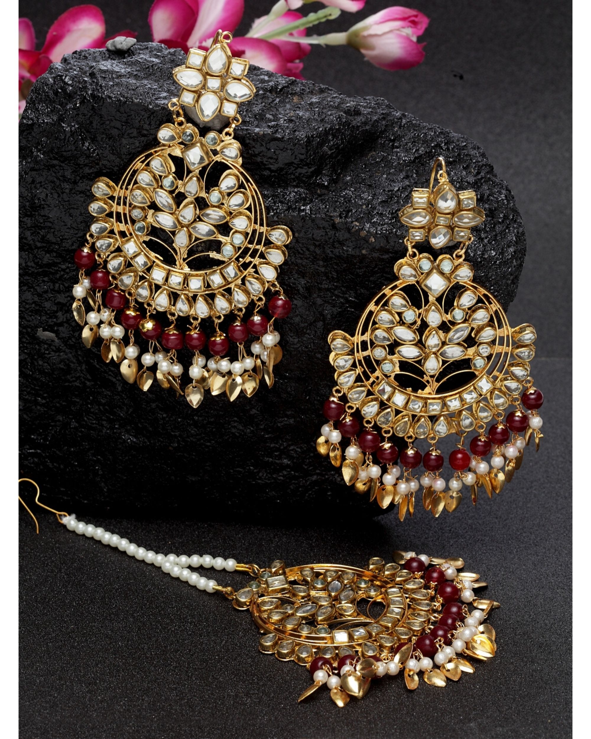 Red floral latkans with maang tikka- Set Of Two by Dugri Style | The ...