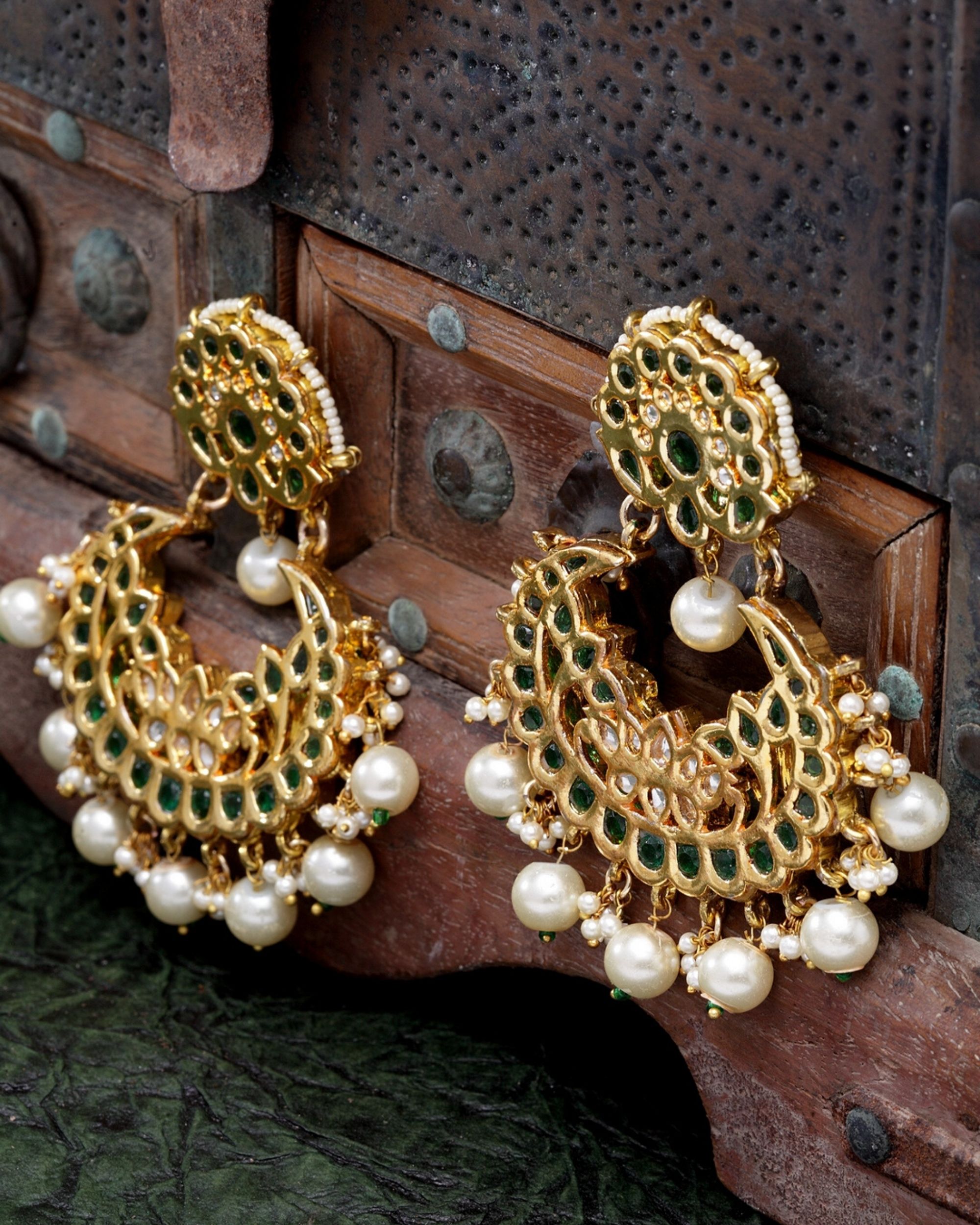 Shop Rubans 24K Gold Plated Handcrafted Kundan  Enamel with White Pearls  Chand Bali Earrings Online at Rubans