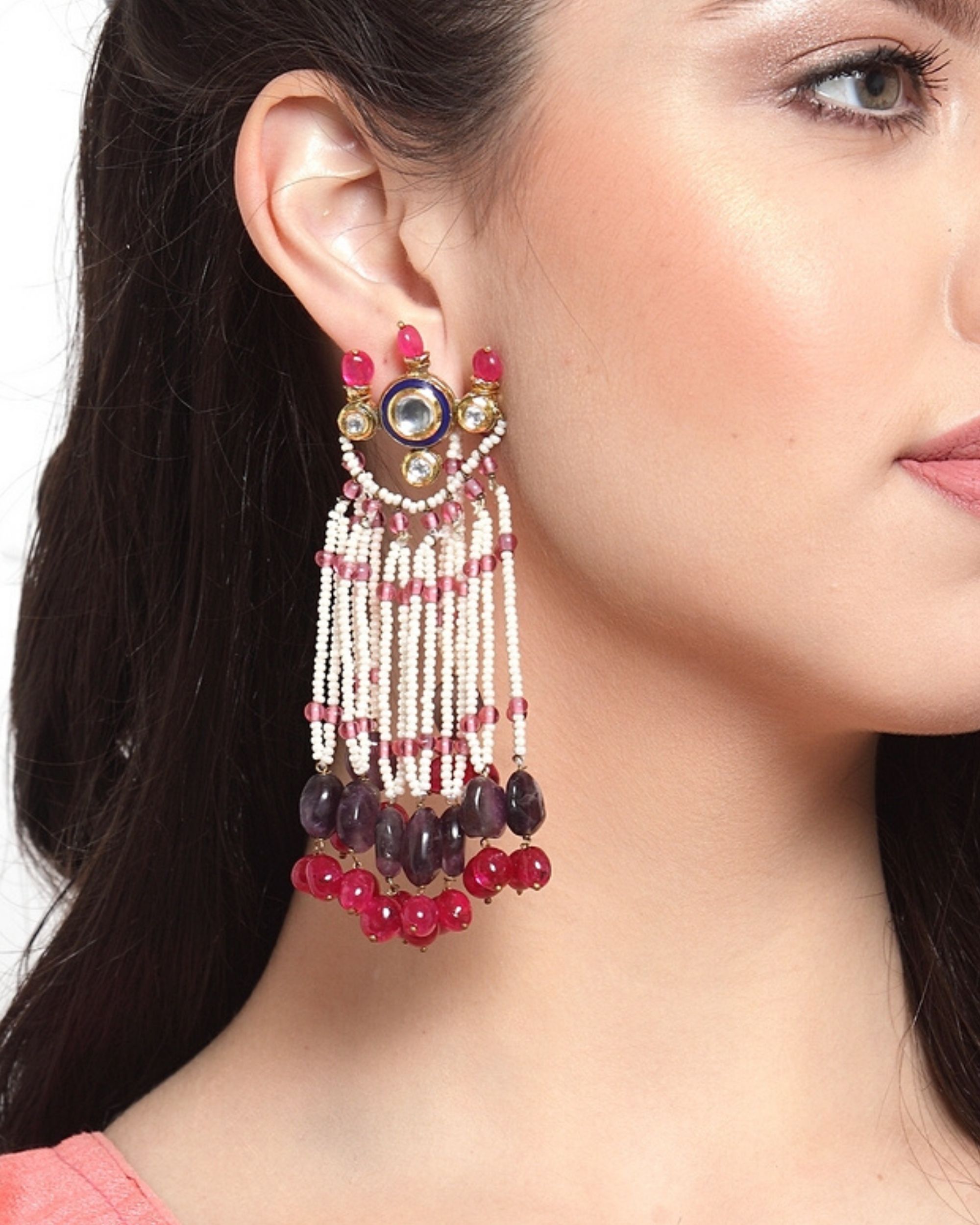 Ruby and kundan layered earrings by Dugri Style | The Secret Label