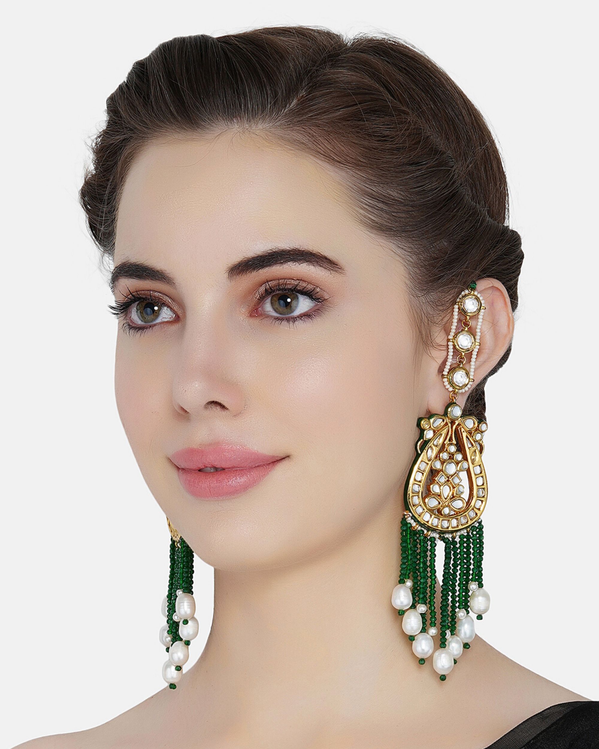 Green kundan layered earrings by Dugri Style | The Secret Label