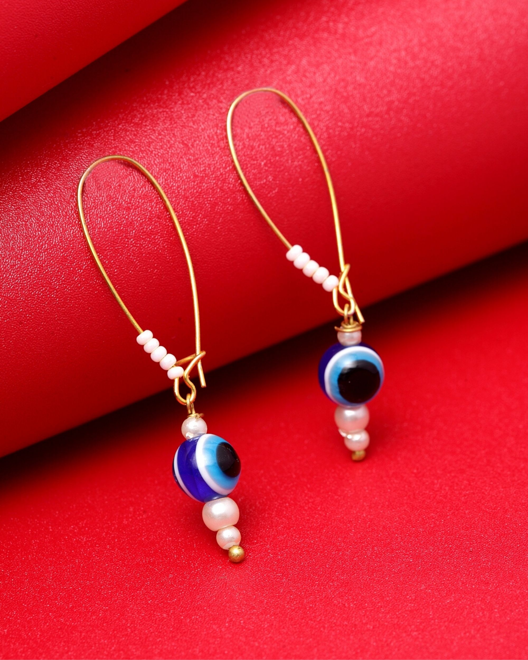 Alluring Trendy Gold Plated Cute Striped Blue Jhumka Earrings with White  Beads 