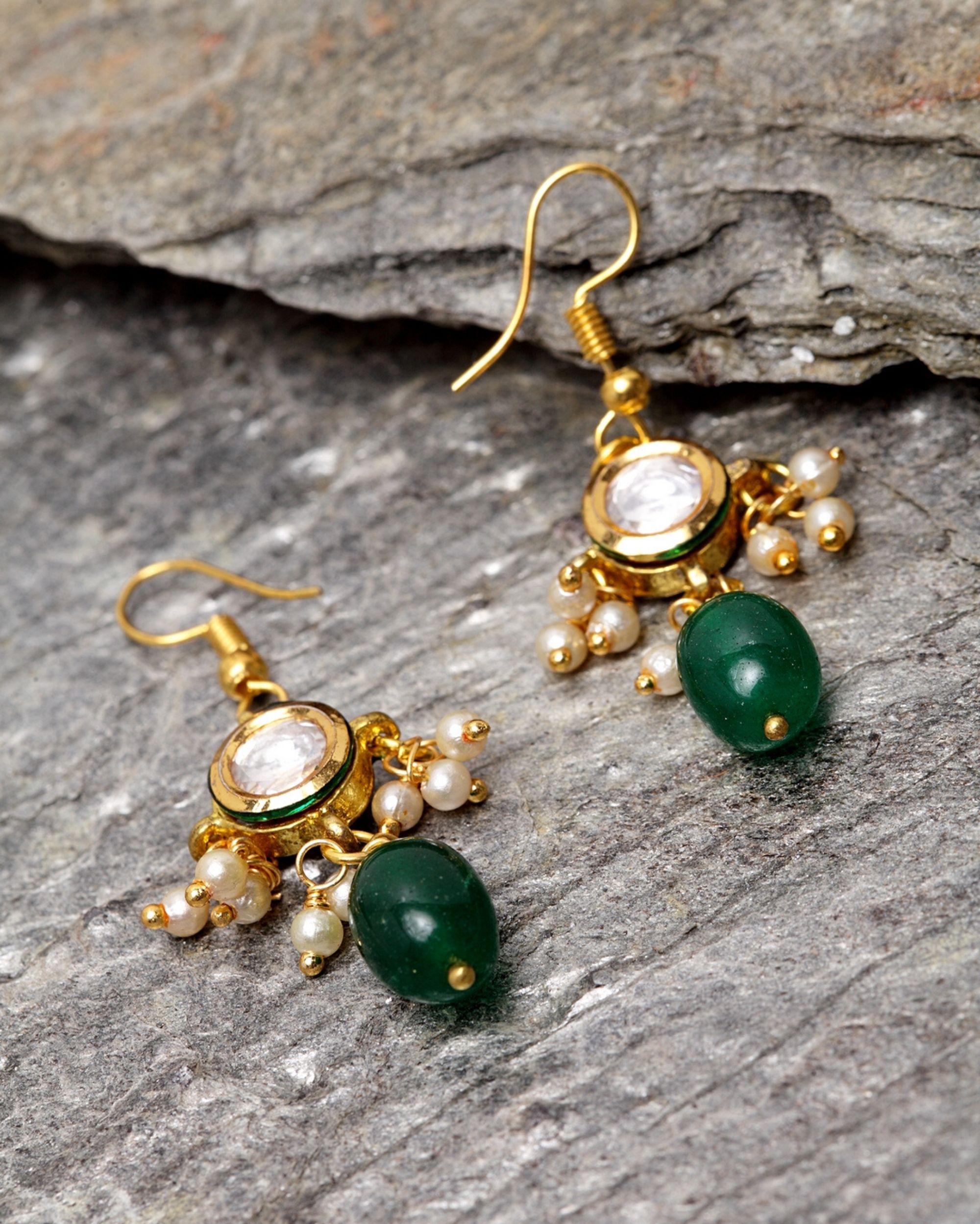 Green emerald and kundan beaded drop earrings by Dugri Style | The ...