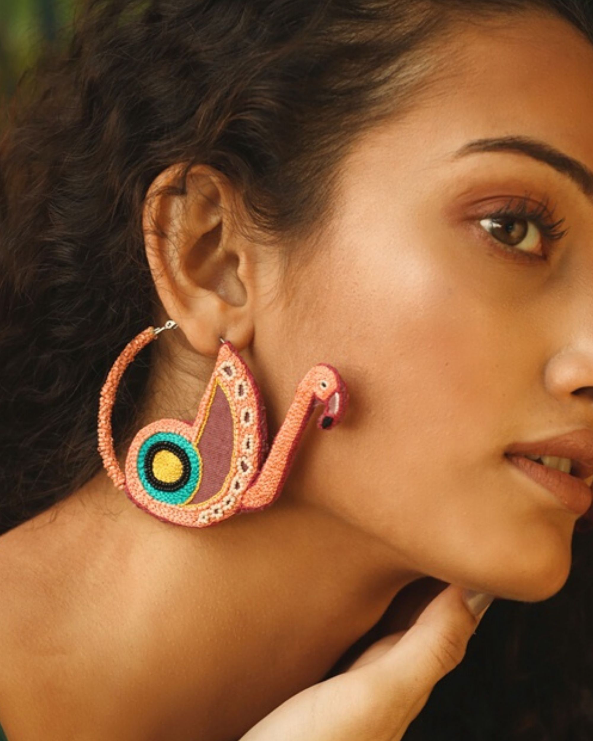 Peach flamingo embroidered hoop earrings