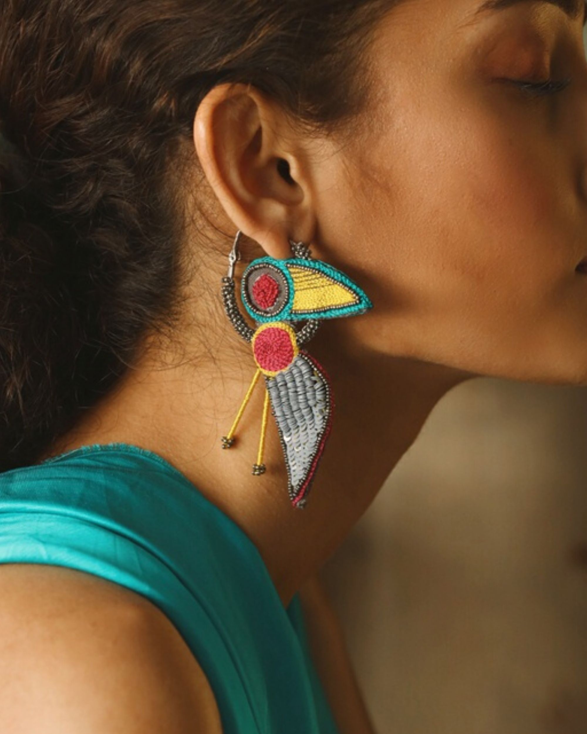 Birdie embroidered hoop earring