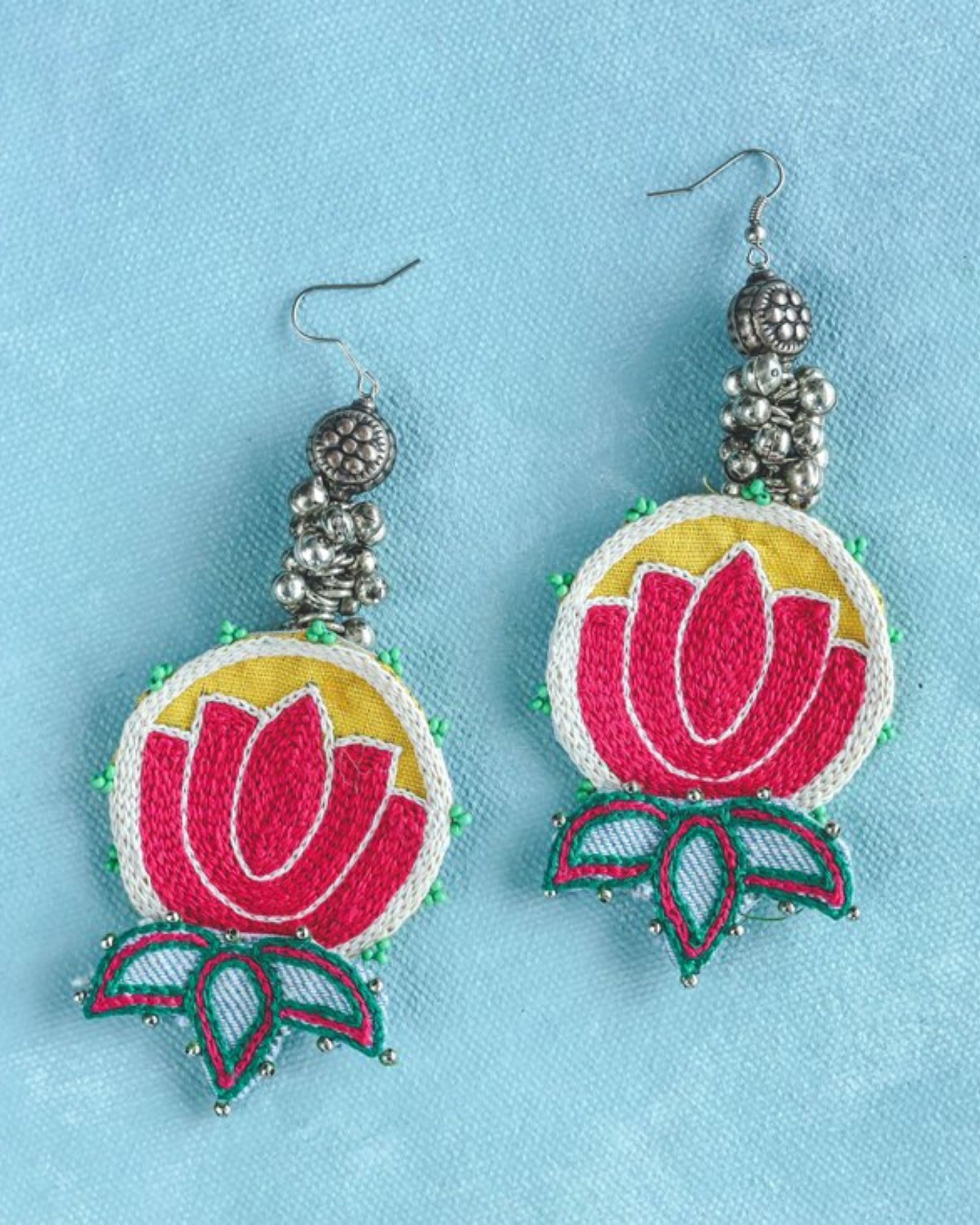 Pink and yellow lotus embroidered beaded earring