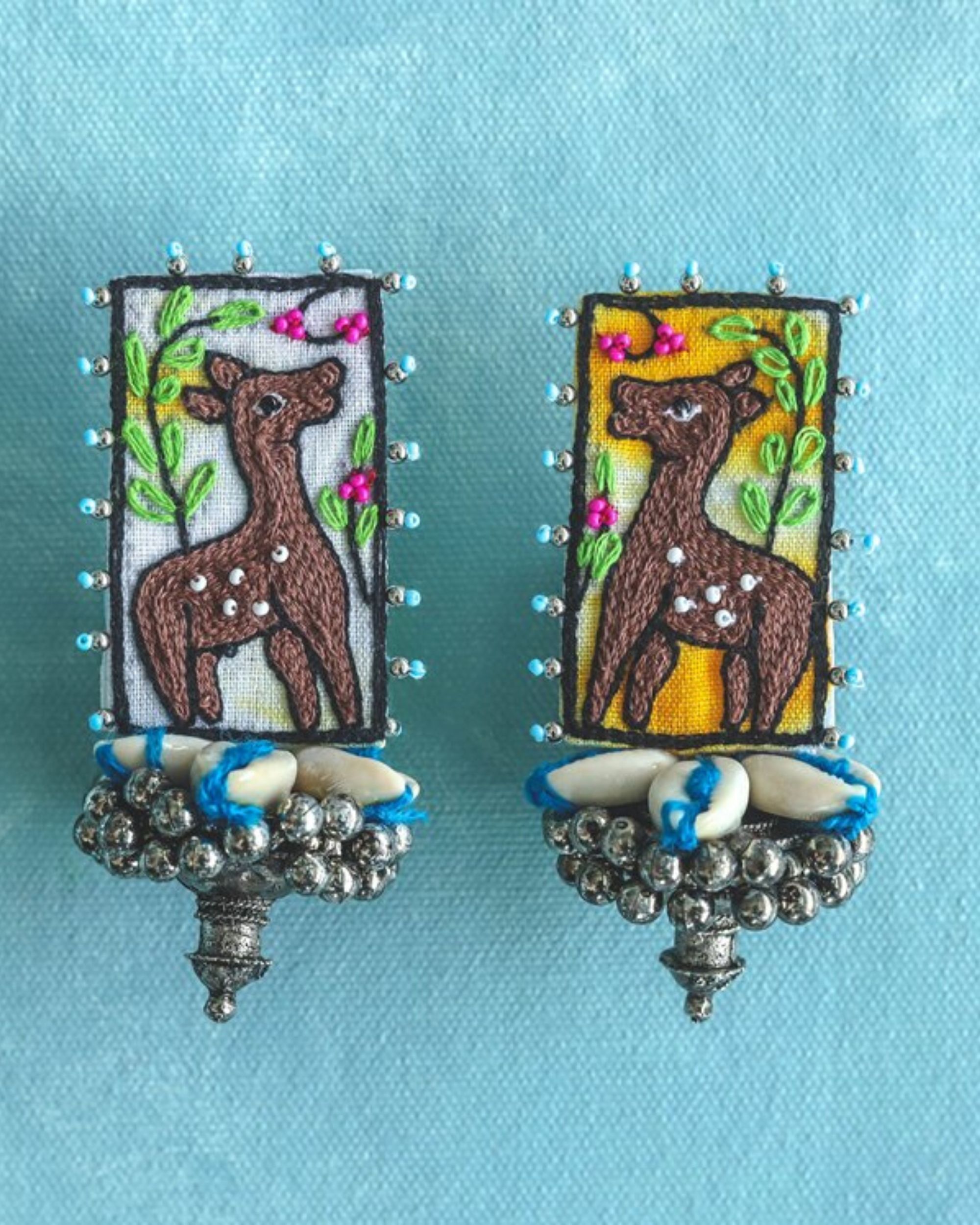 Deer embroidered batik earring