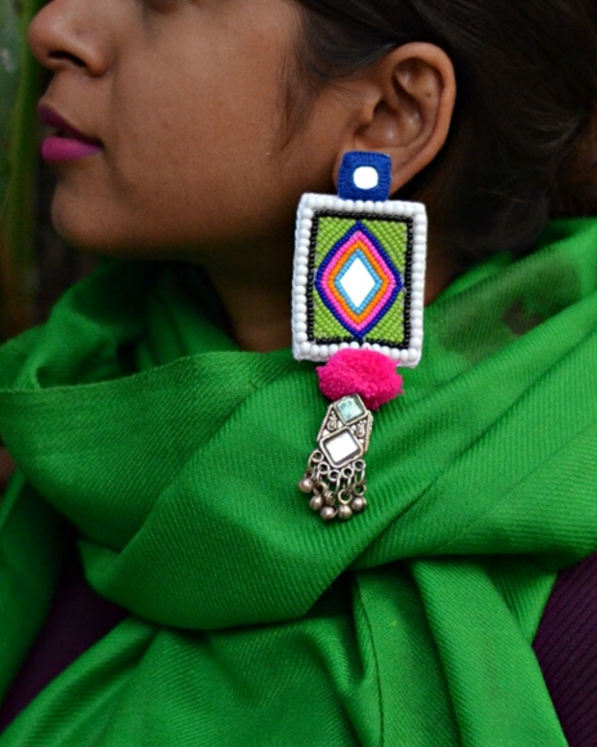 Hand embroidered geometric earring