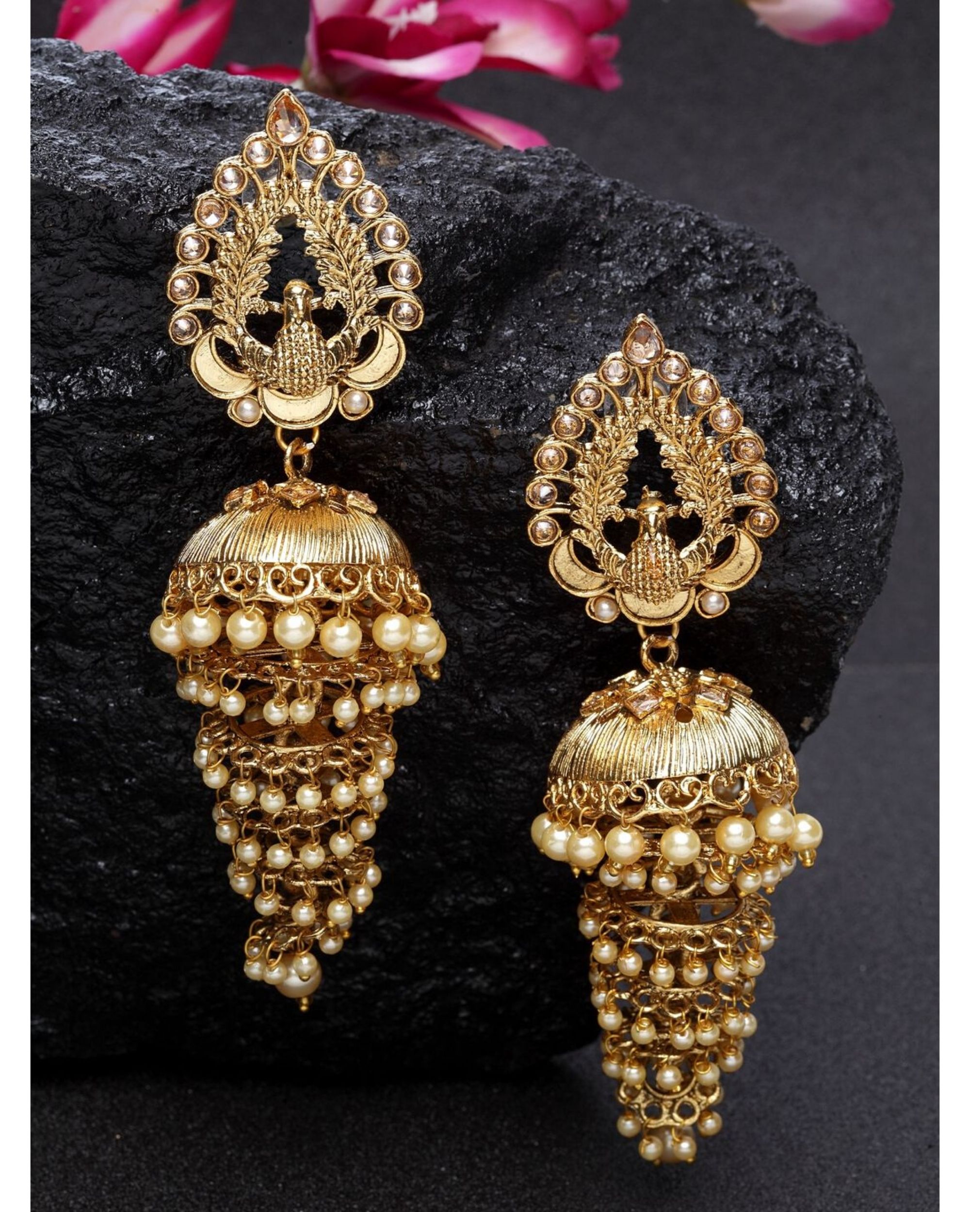 Peacock motif pearl jhumka by Dugri Style | The Secret Label