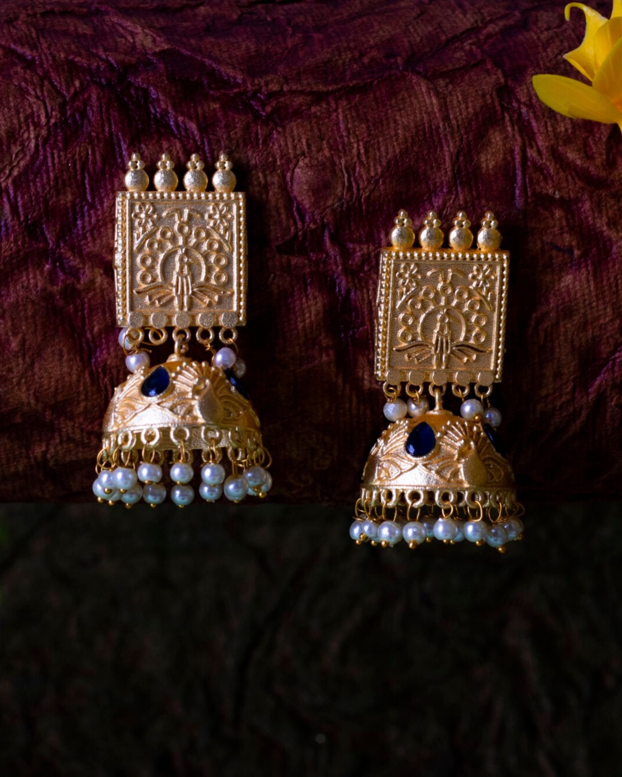 Peacock motif jhumka with pearl beads